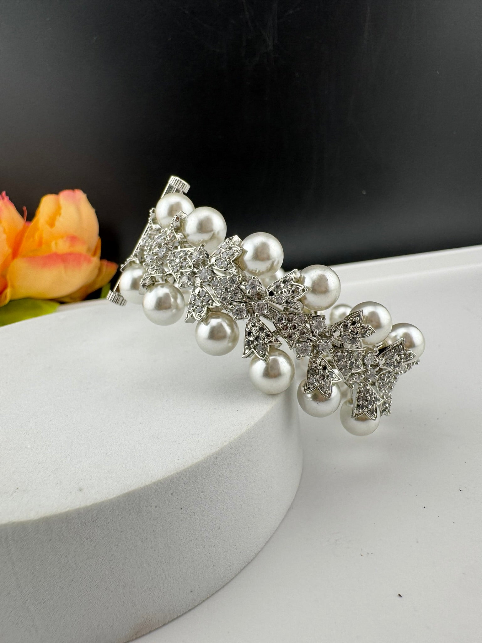 Premium Silver Color Bracelet with Pearls, Cubic Zirconia Openable is Designer inspired Bracelet bangles/Indian Kada/Wedding jewelry/Bangle