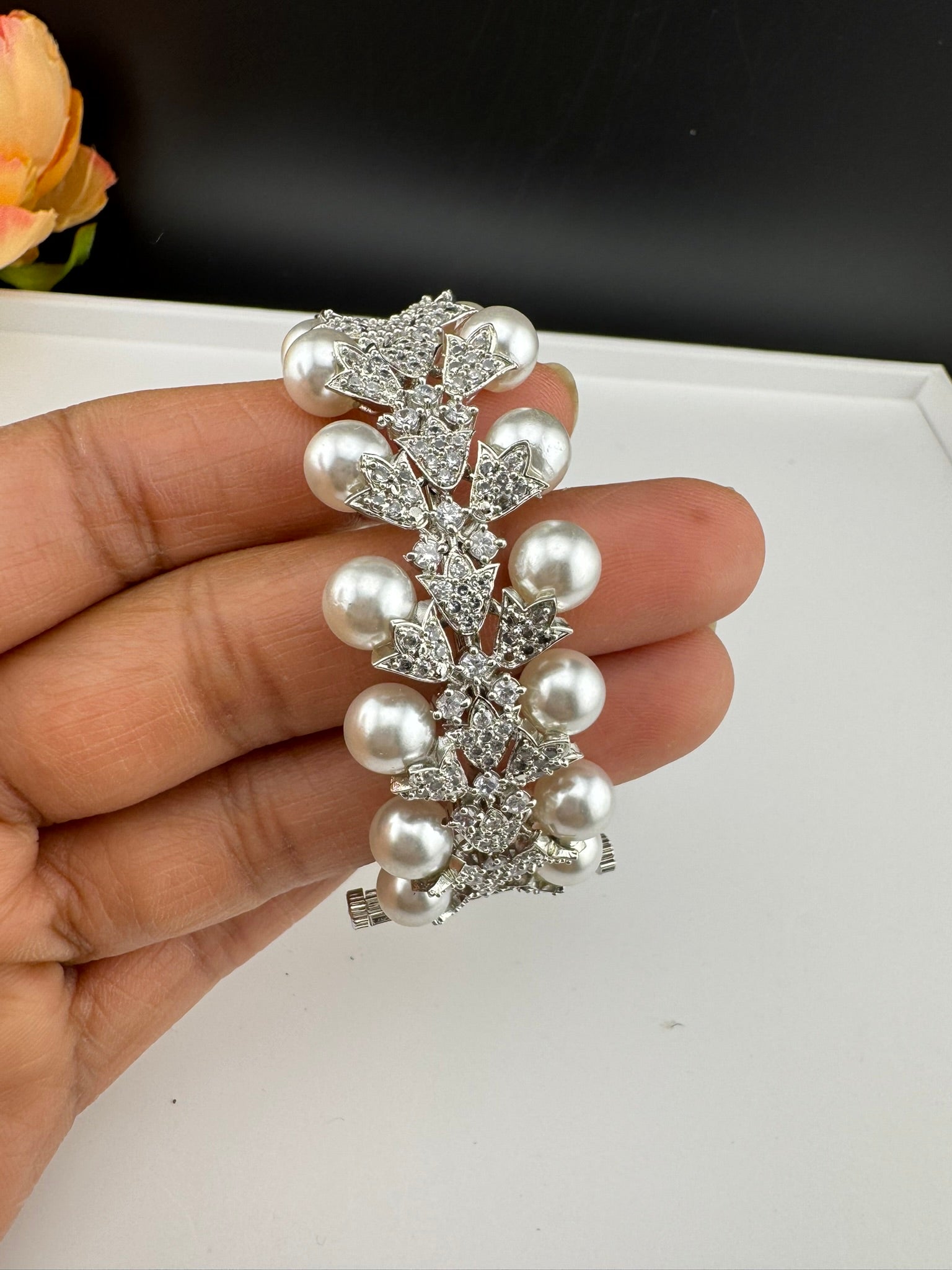 Premium Silver Color Bracelet with Pearls, Cubic Zirconia Openable is Designer inspired Bracelet bangles/Indian Kada/Wedding jewelry/Bangle