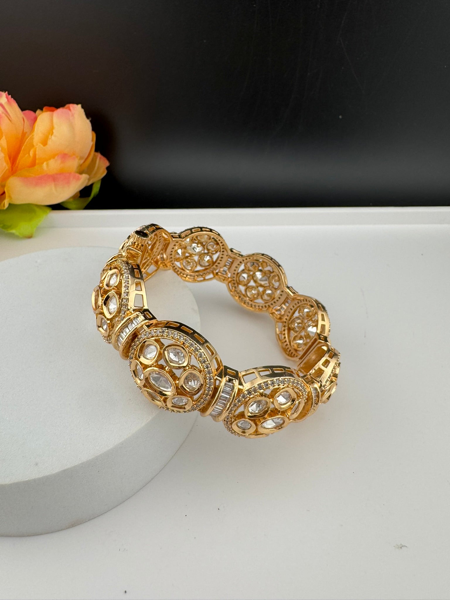 Premium Quality Moissanite Kundan Tyaani inspired Designer Openable Bracelet/Adjustable broad Bracelet Bangle/Indian jewelry/Golden Bracelet