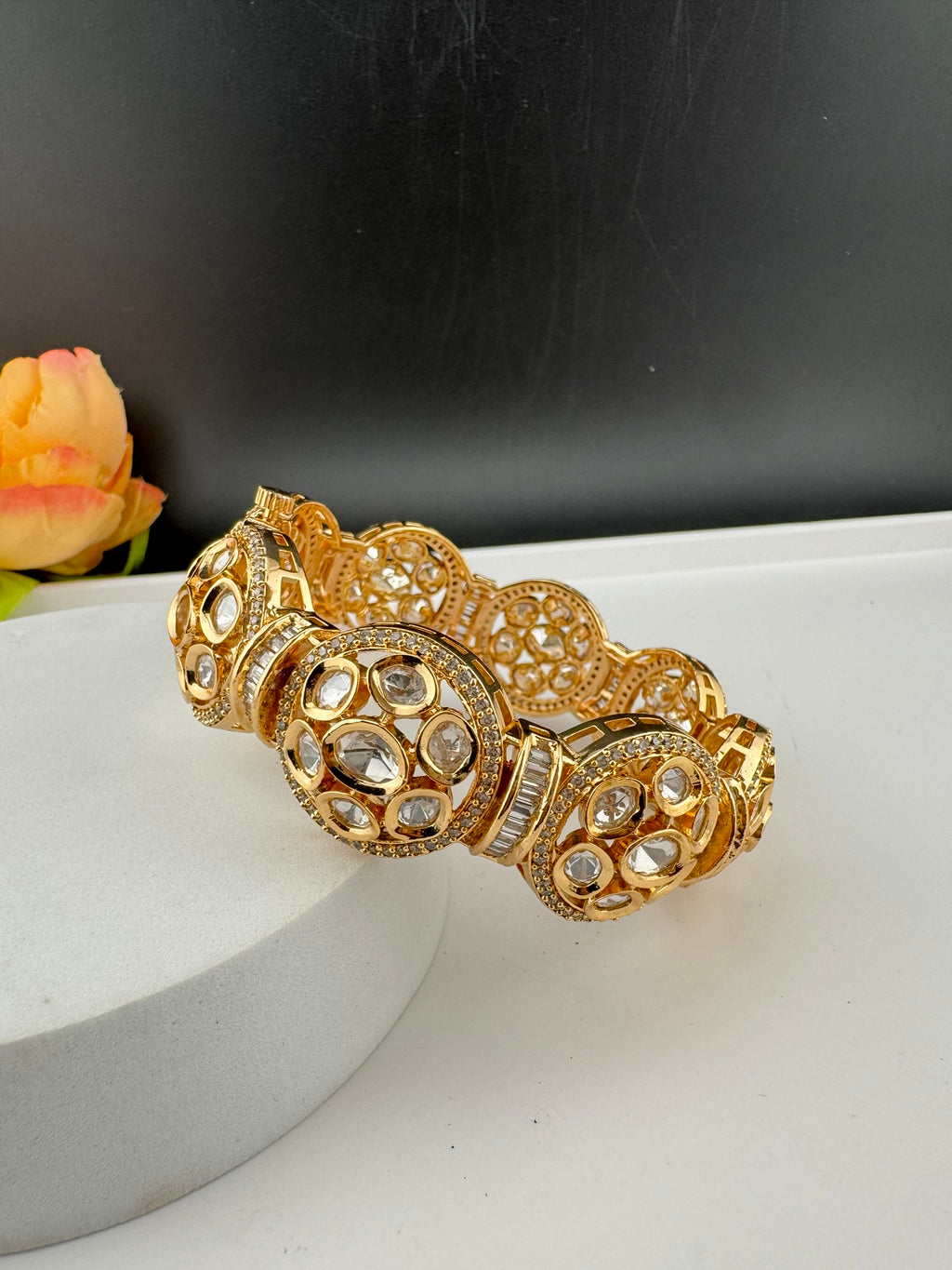 Premium Quality Moissanite Kundan Tyaani inspired Designer Openable Bracelet/Adjustable broad Bracelet Bangle/Indian jewelry/Golden Bracelet