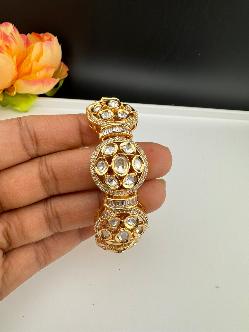 Premium Quality Moissanite Kundan Tyaani inspired Designer Openable Bracelet/Adjustable broad Bracelet Bangle/Indian jewelry/Golden Bracelet