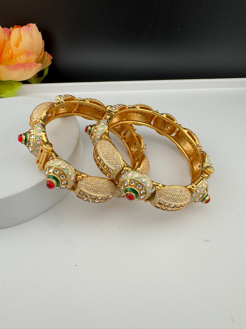 Openable Matt Gold, Enamel, Kundan kada is Amrapali inspired Designer bangles set/Indian Kada/Temple jewelry/Rajwadi Bangle/Size 2.4" & 2.8"