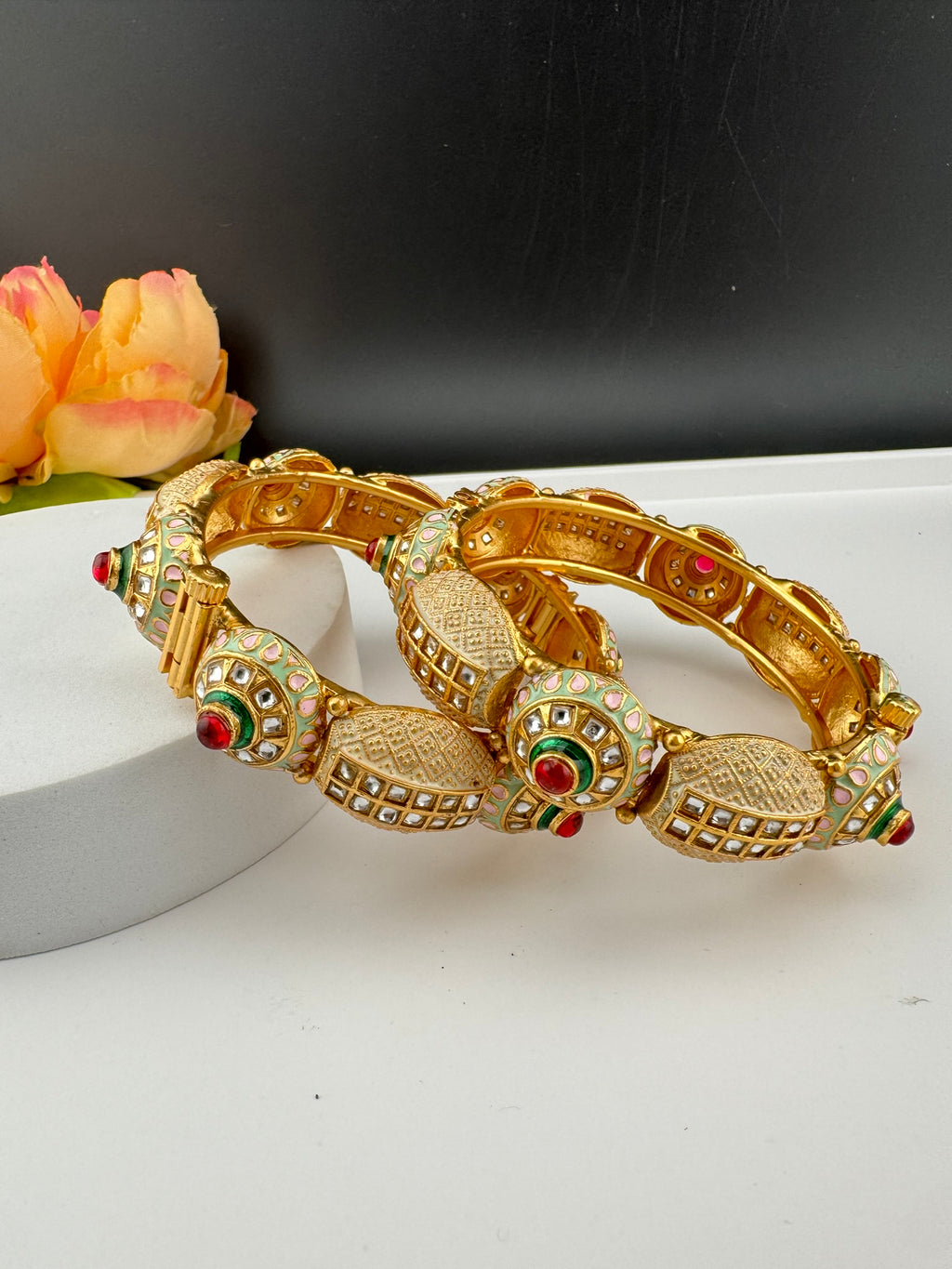 Openable Matt Gold, Enamel, Kundan kada is Amrapali inspired Designer bangles set/Indian Kada/Temple jewelry/Rajwadi Bangle/Size 2.4" & 2.8"