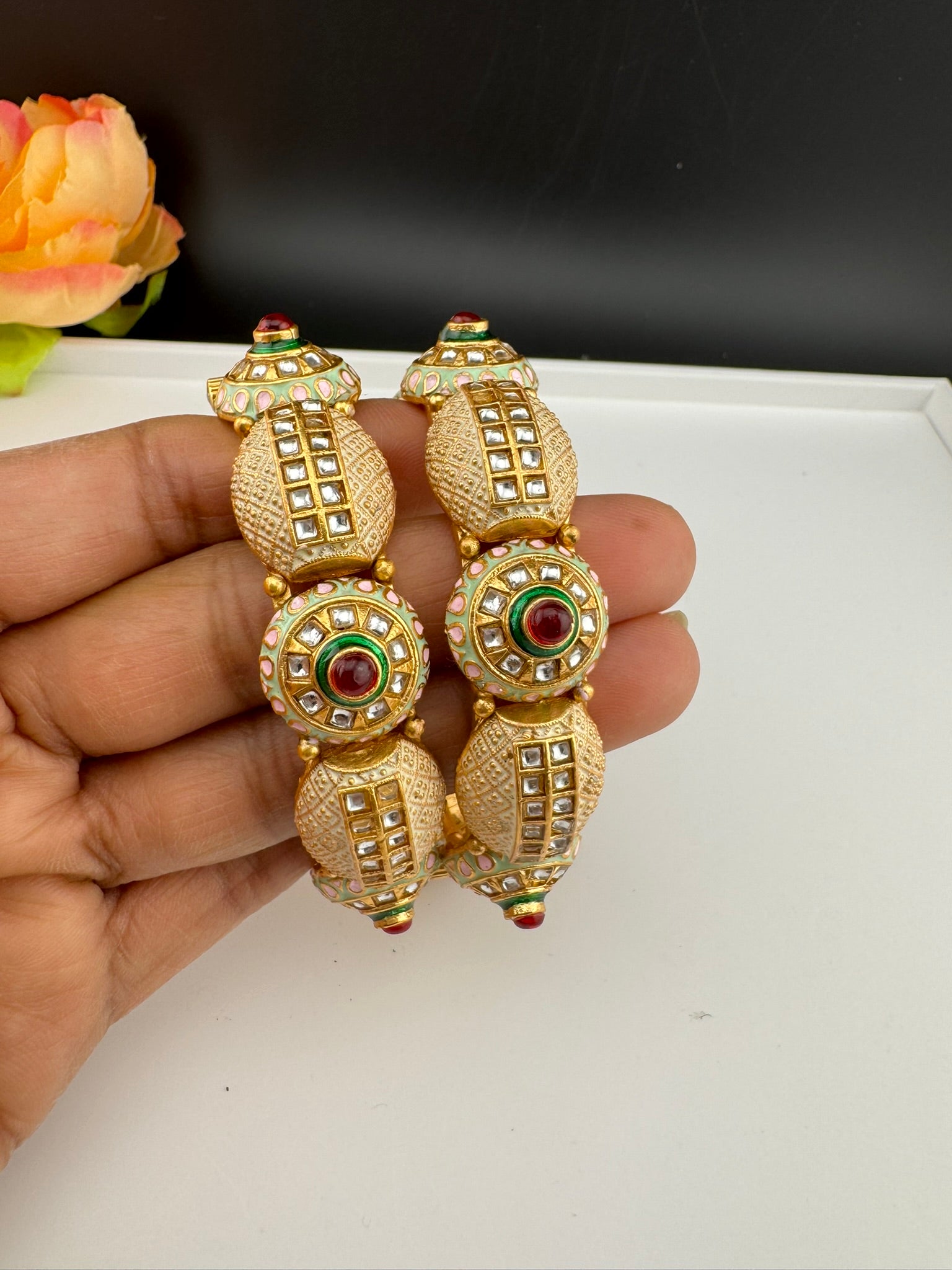 Openable Matt Gold, Enamel, Kundan kada is Amrapali inspired Designer bangles set/Indian Kada/Temple jewelry/Rajwadi Bangle/Size 2.4" & 2.8"