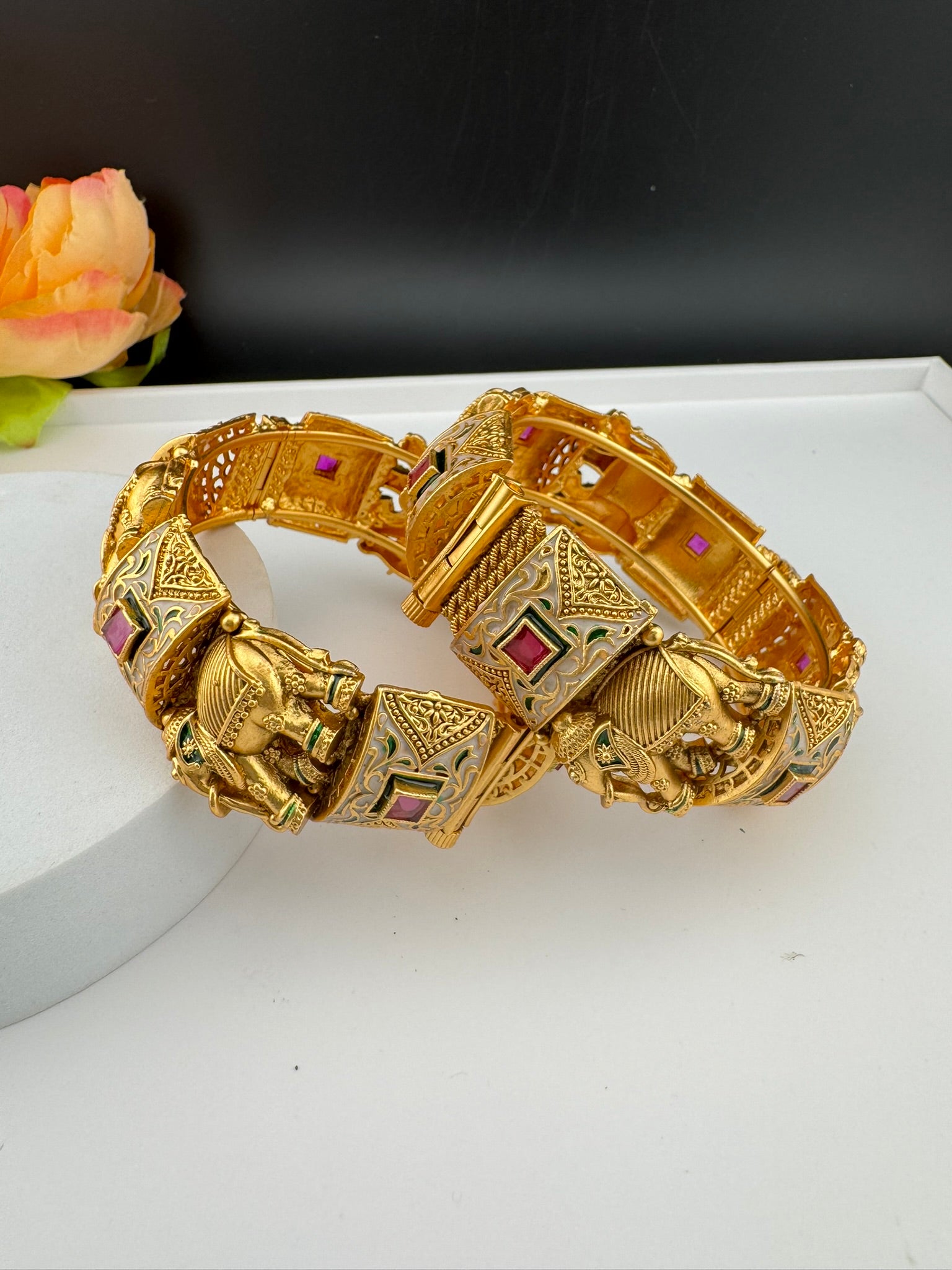 Openable Matt Gold, Enamel, Kundan kada is Amrapali inspired Designer bangles set/Indian Kada/Temple jewelry/Rajwadi Bangle/Size 2.4" & 2.6"