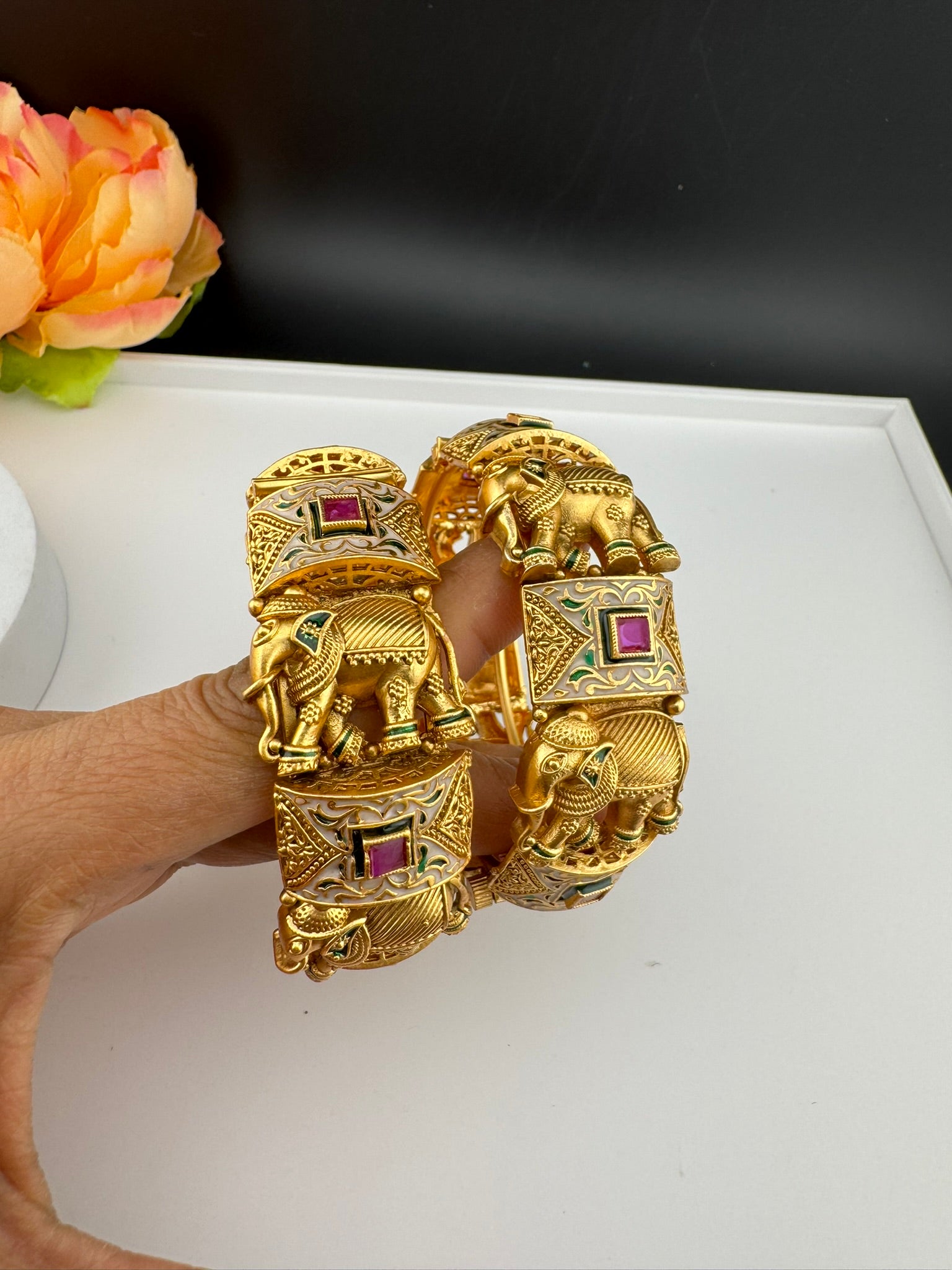 Openable Matt Gold, Enamel, Kundan kada is Amrapali inspired Designer bangles set/Indian Kada/Temple jewelry/Rajwadi Bangle/Size 2.4" & 2.6"