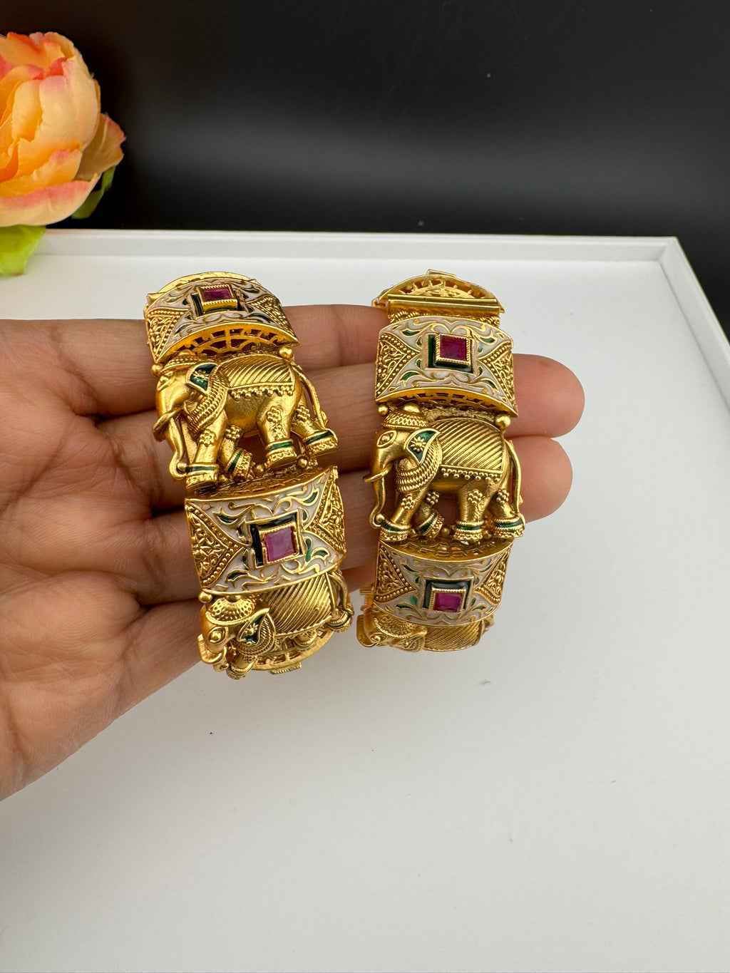 Openable Matt Gold, Enamel, Kundan kada is Amrapali inspired Designer bangles set/Indian Kada/Temple jewelry/Rajwadi Bangle/Size 2.4" & 2.6"