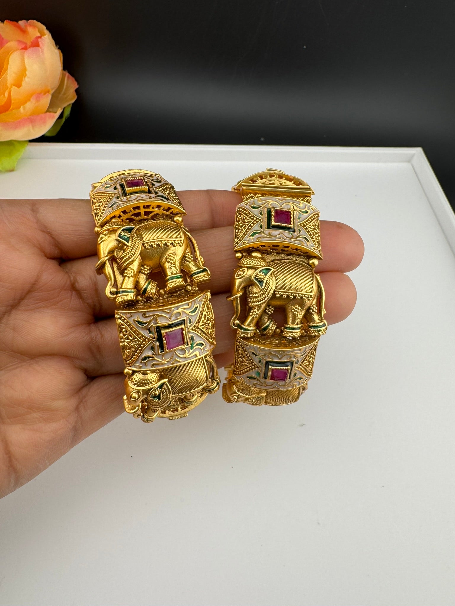 Openable Matt Gold, Enamel, Kundan kada is Amrapali inspired Designer bangles set/Indian Kada/Temple jewelry/Rajwadi Bangle/Size 2.4" & 2.6"