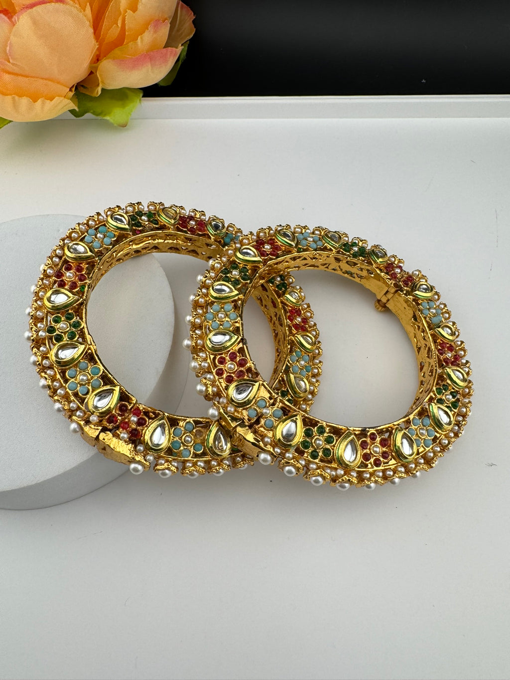 Openable Jadau Pacheli kada with pearls, kundan is Amrapali inspired Designer bangles set/Indian Kada/Temple jewelry/Rajwadi Bangle/Size 2.4" & 2.8"