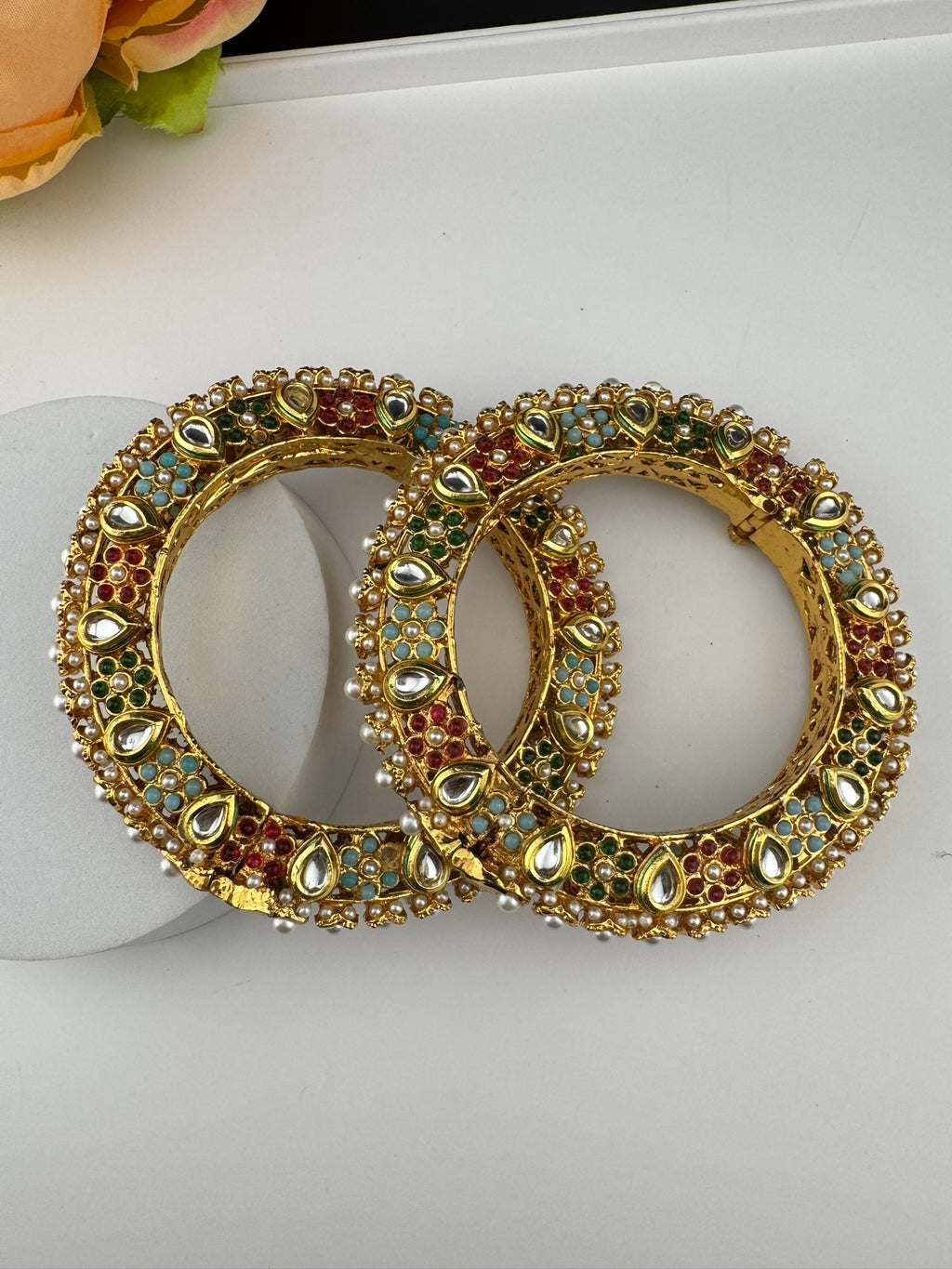 Openable Jadau Pacheli kada with pearls, kundan is Amrapali inspired Designer bangles set/Indian Kada/Temple jewelry/Rajwadi Bangle/Size 2.4" & 2.8"