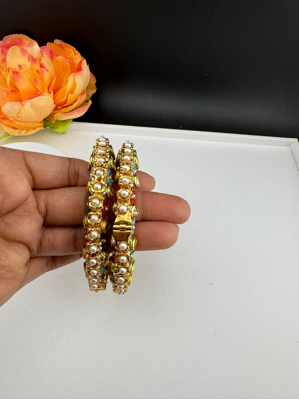 Openable Jadau Pacheli kada with pearls, kundan is Amrapali inspired Designer bangles set/Indian Kada/Temple jewelry/Rajwadi Bangle/Size 2.4" & 2.8"