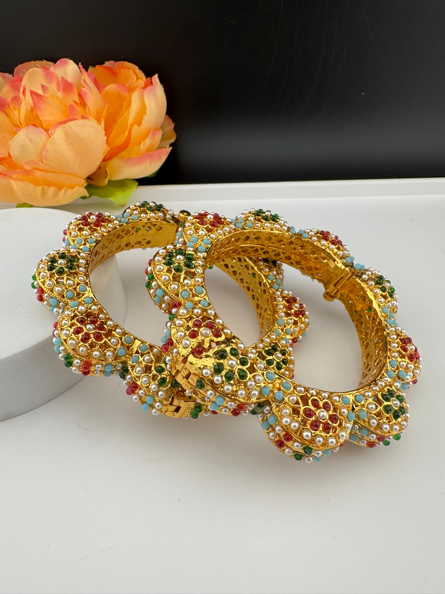 Openable Jadau Pacheli kada with pearls, kundan is Amrapali inspired Designer bangles set/Indian Kada/Temple jewelry/Rajwadi Bangle/Size 2.4" & 2.8"