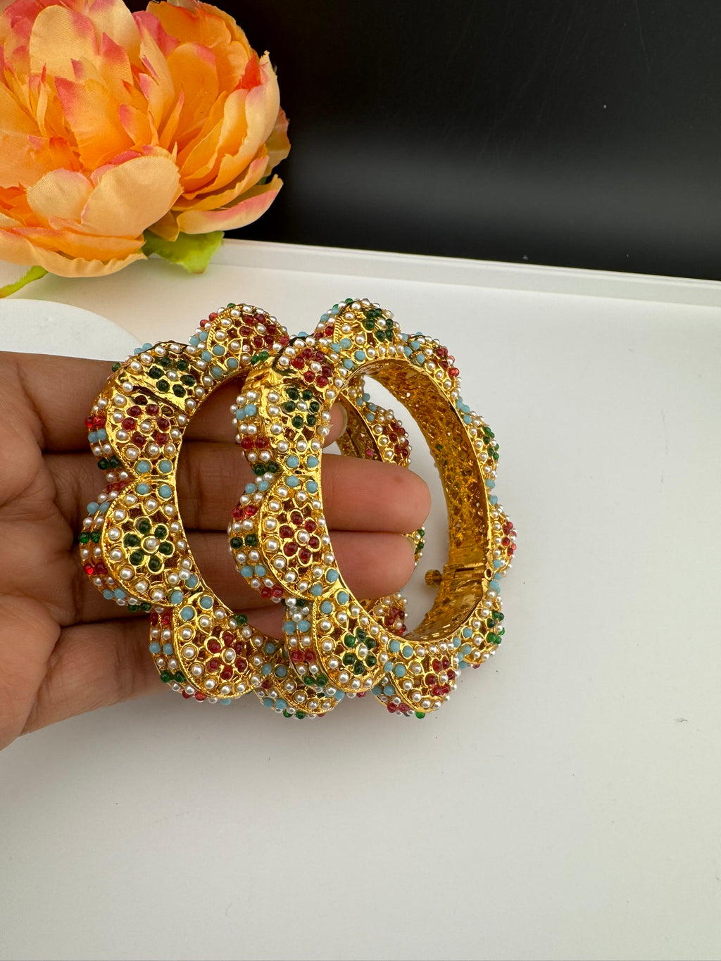 Openable Jadau Pacheli kada with pearls, kundan is Amrapali inspired Designer bangles set/Indian Kada/Temple jewelry/Rajwadi Bangle/Size 2.4" & 2.8"