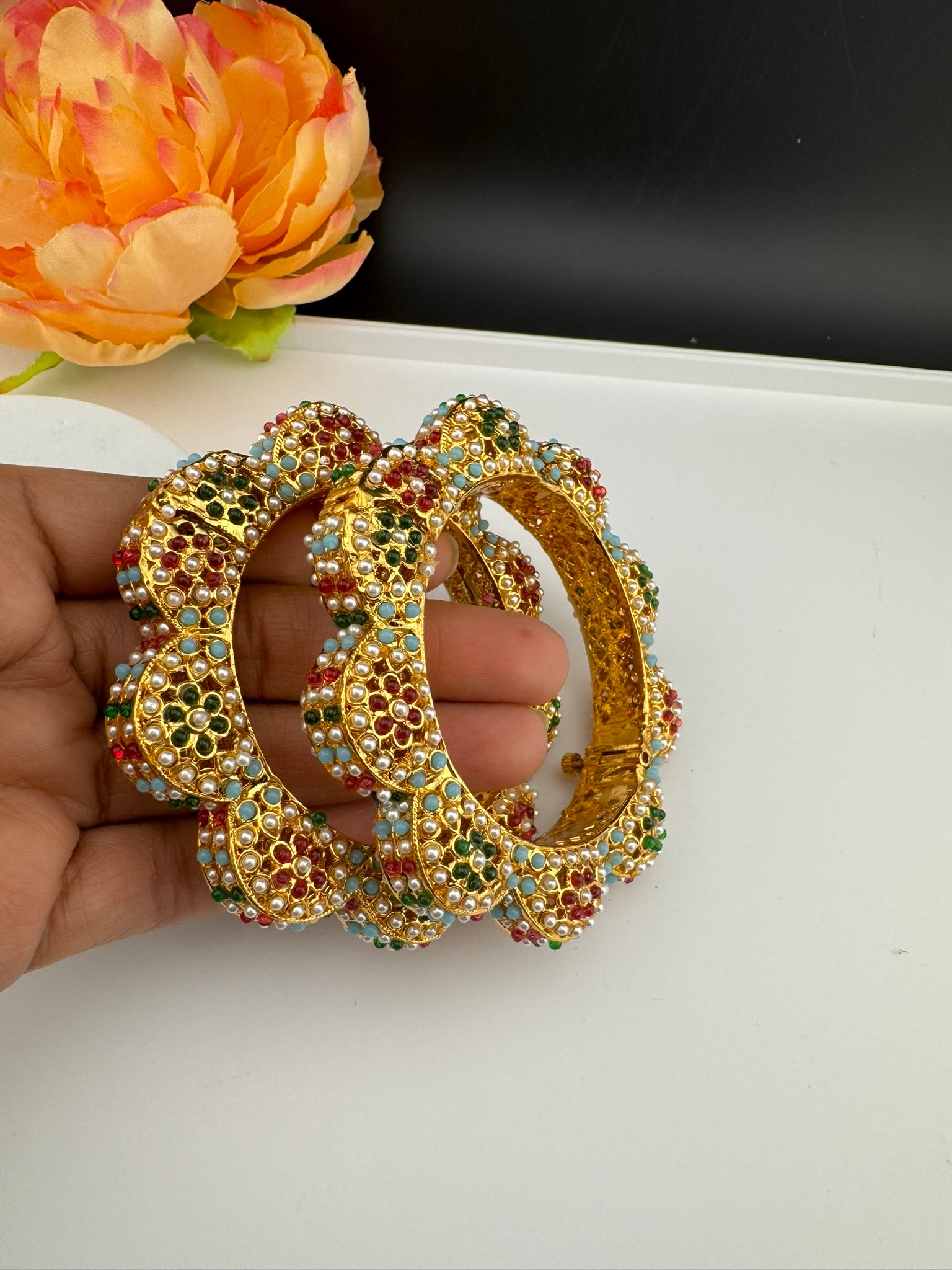 Openable Jadau Pacheli kada with pearls, kundan is Amrapali inspired Designer bangles set/Indian Kada/Temple jewelry/Rajwadi Bangle/Size 2.4" & 2.8"