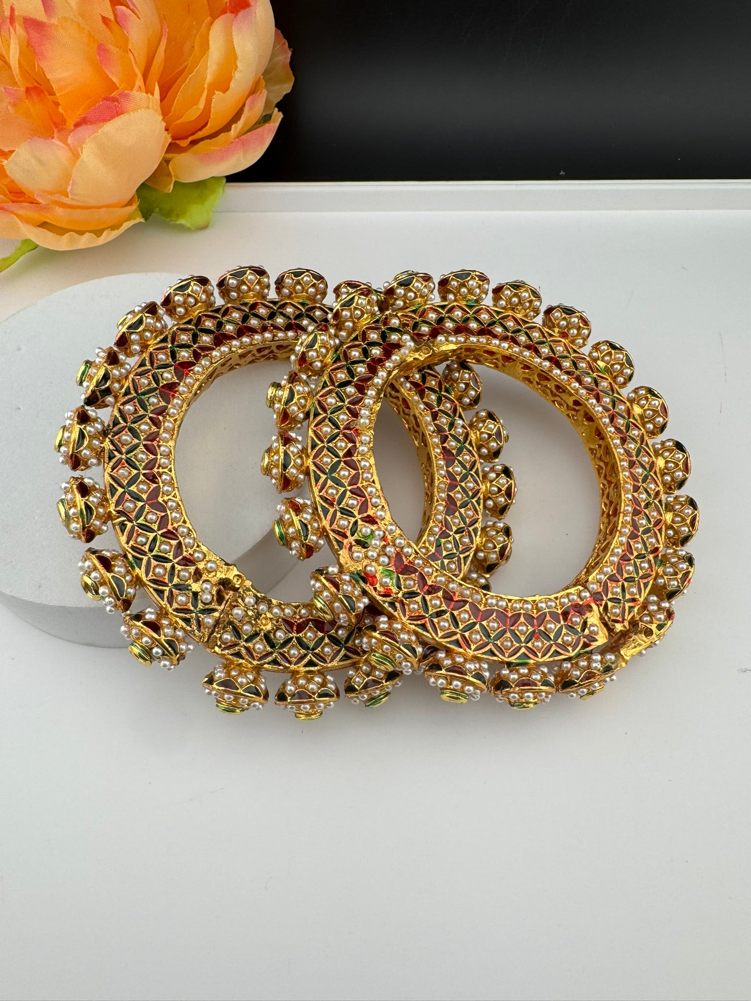 Openable Jadau Pacheli kada with pearls, kundan is Amrapali inspired bangles set/Indian Kada/Temple jewelry/Rajwadi Bangle/Size 2.4" & 2.8"