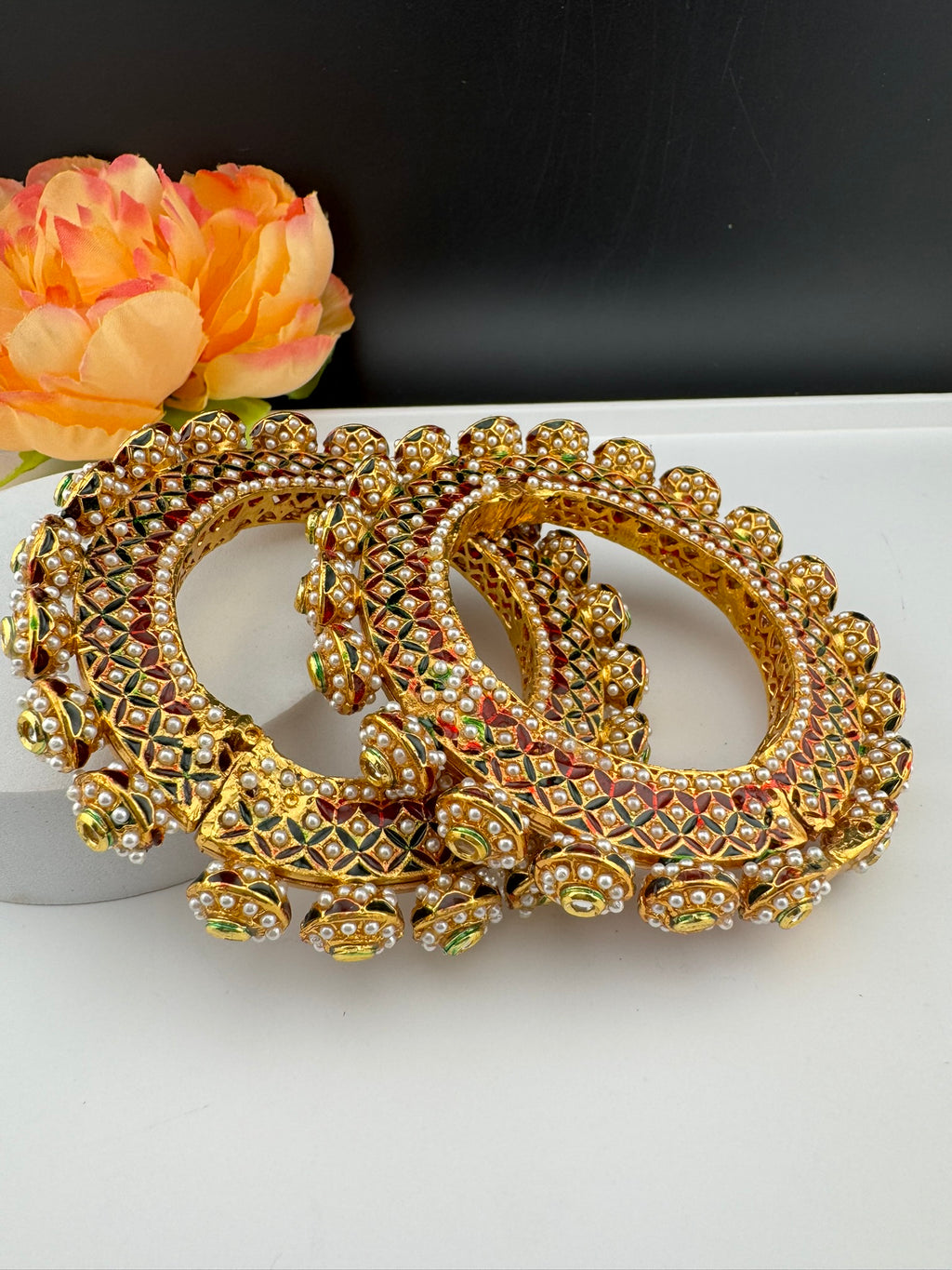 Openable Jadau Pacheli kada with pearls, kundan is Amrapali inspired bangles set/Indian Kada/Temple jewelry/Rajwadi Bangle/Size 2.4" & 2.8"