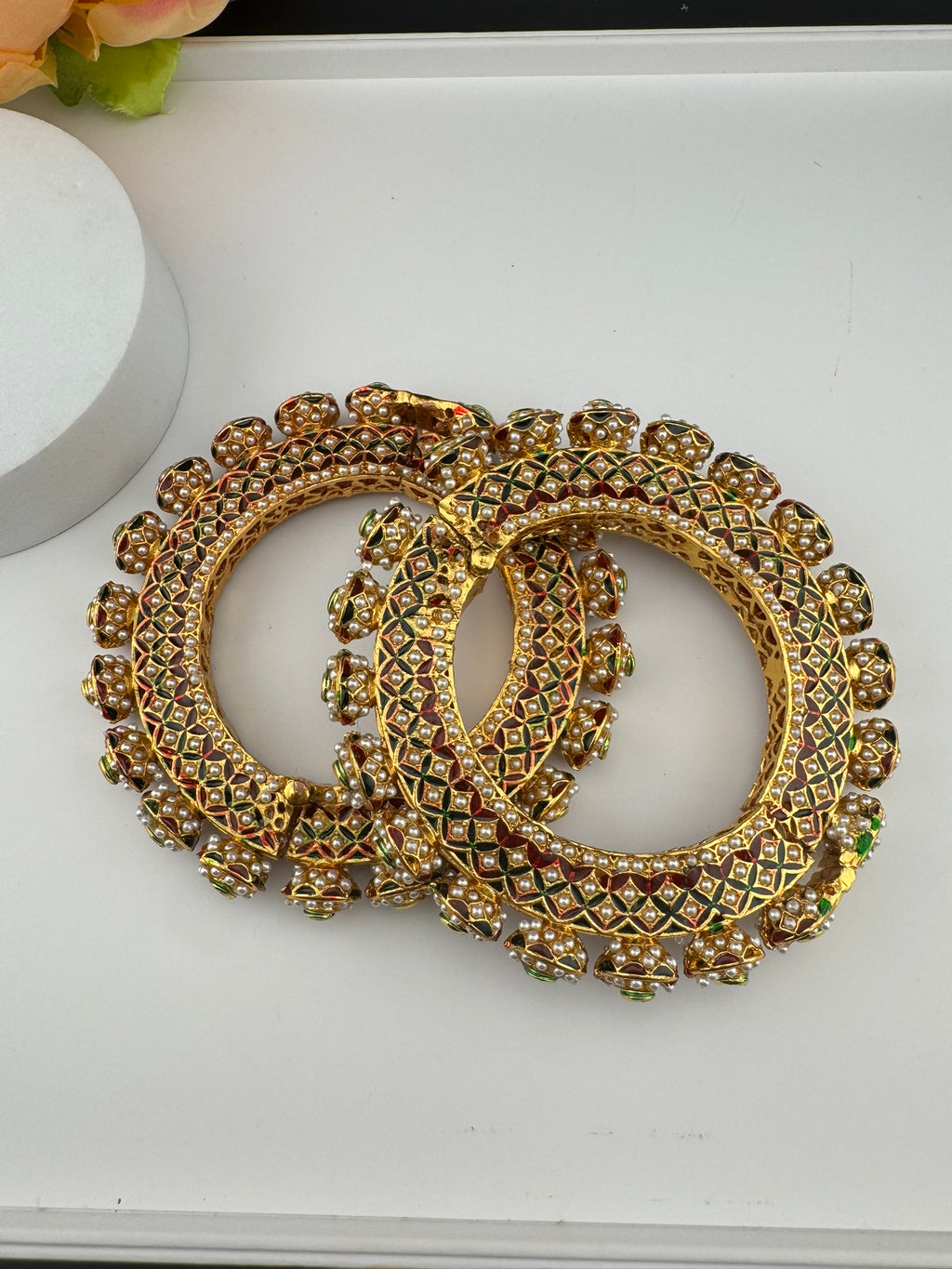 Openable Jadau Pacheli kada with pearls, kundan is Amrapali inspired bangles set/Indian Kada/Temple jewelry/Rajwadi Bangle/Size 2.4" & 2.8"