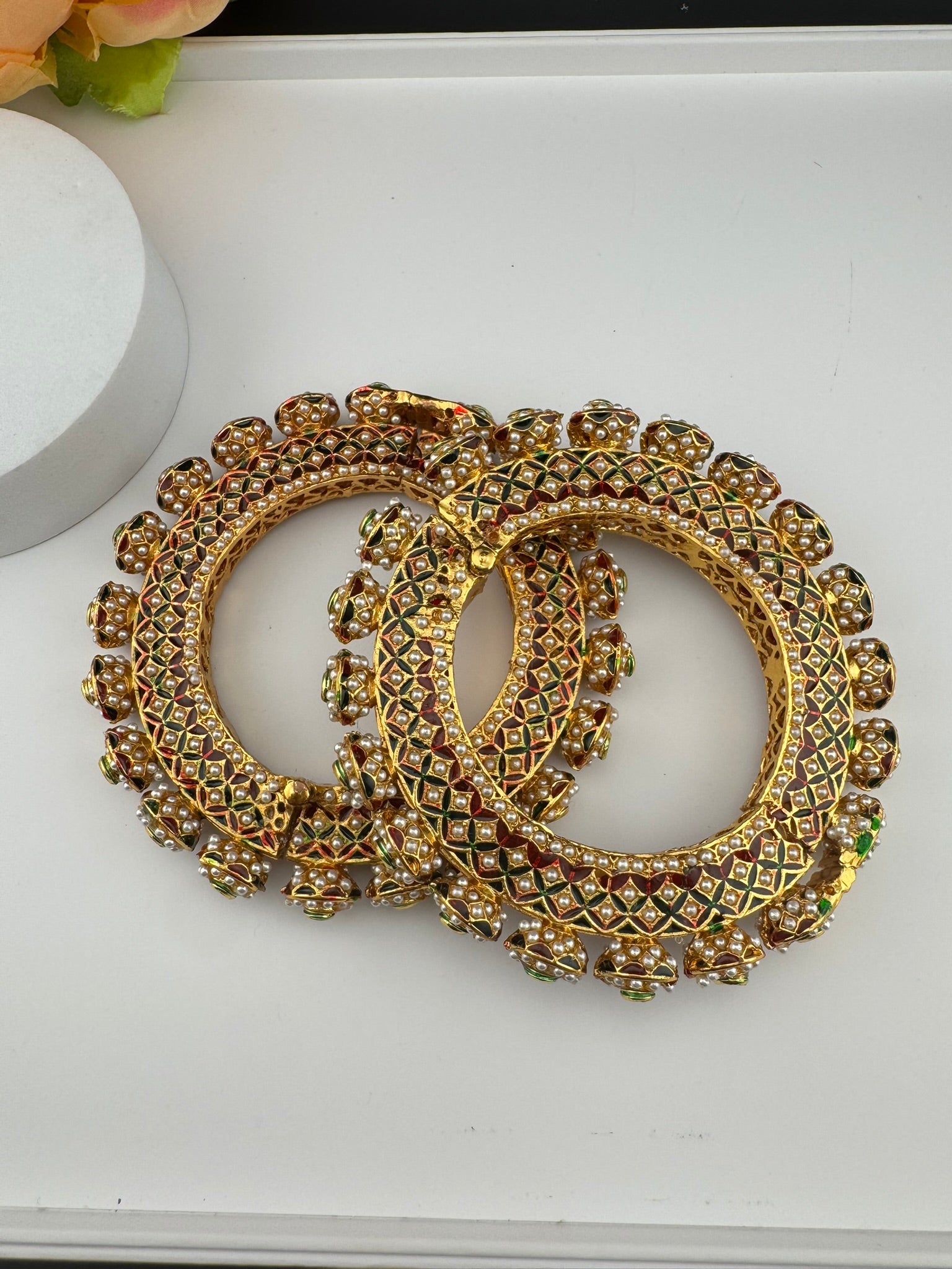 Openable Jadau Pacheli kada with pearls, kundan is Amrapali inspired bangles set/Indian Kada/Temple jewelry/Rajwadi Bangle/Size 2.4" & 2.8"