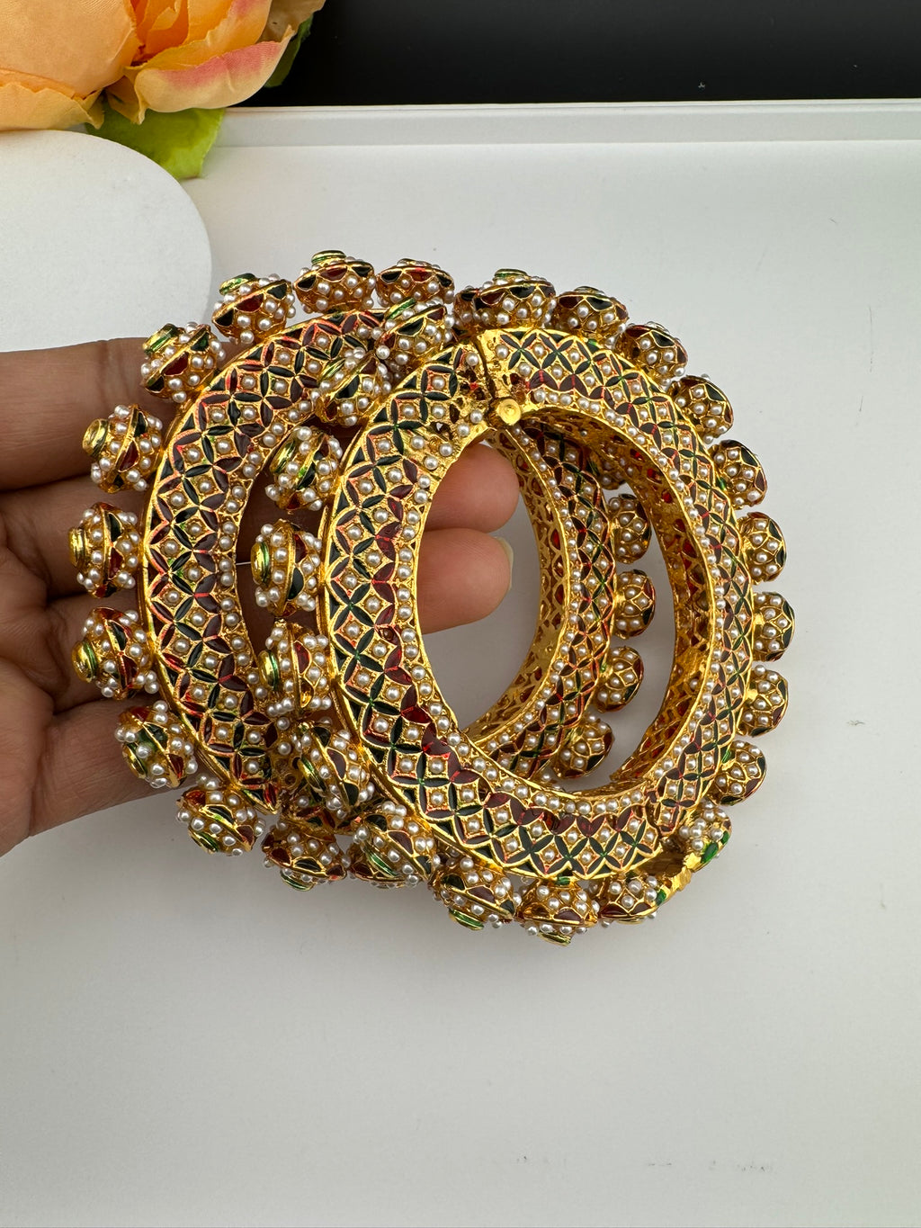 Openable Jadau Pacheli kada with pearls, kundan is Amrapali inspired bangles set/Indian Kada/Temple jewelry/Rajwadi Bangle/Size 2.4" & 2.8"