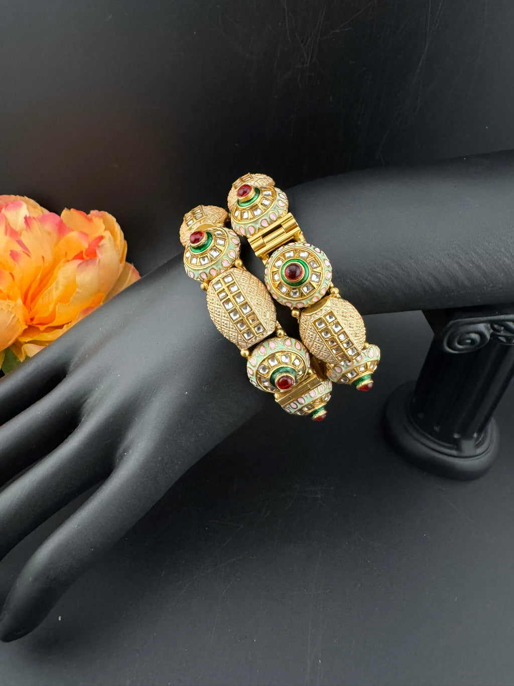 Openable Matt Gold, Enamel, Kundan kada is Amrapali inspired Designer bangles set/Indian Kada/Temple jewelry/Rajwadi Bangle/Size 2.4" & 2.8"