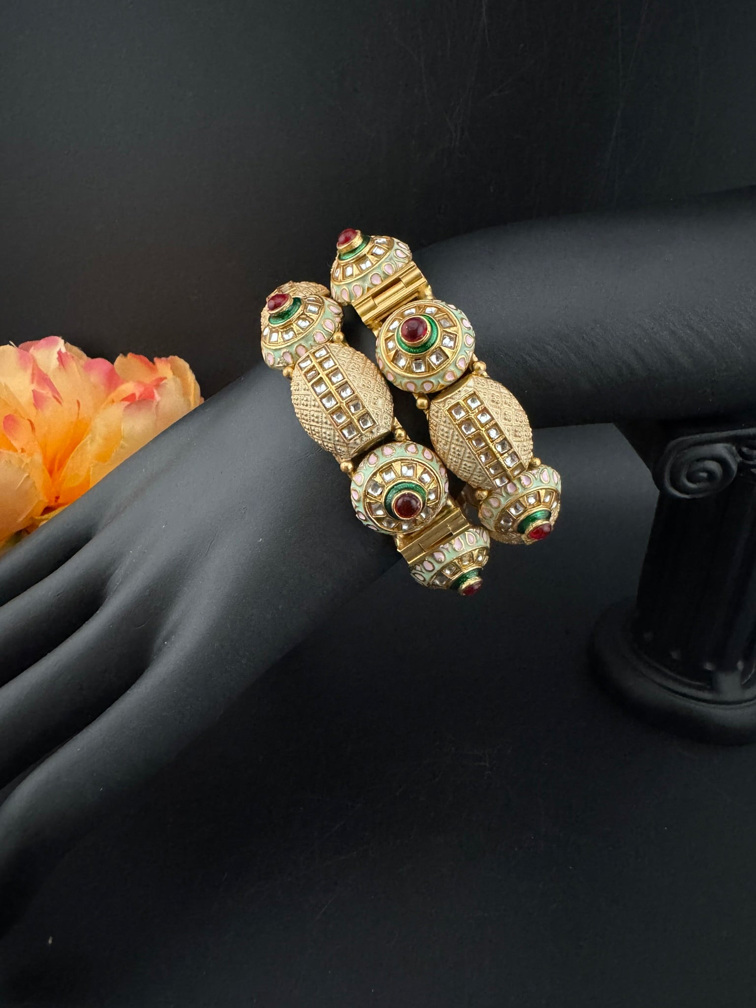 Openable Matt Gold, Enamel, Kundan kada is Amrapali inspired Designer bangles set/Indian Kada/Temple jewelry/Rajwadi Bangle/Size 2.4" & 2.8"