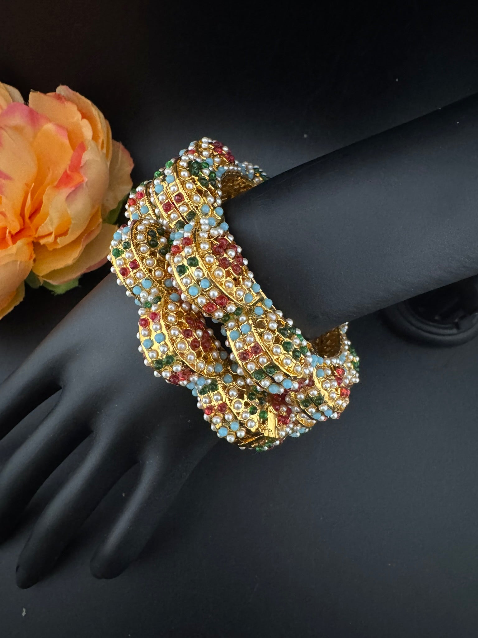 Openable Jadau Pacheli kada with pearls, kundan is Amrapali inspired Designer bangles set/Indian Kada/Temple jewelry/Rajwadi Bangle/Size 2.4" & 2.8"