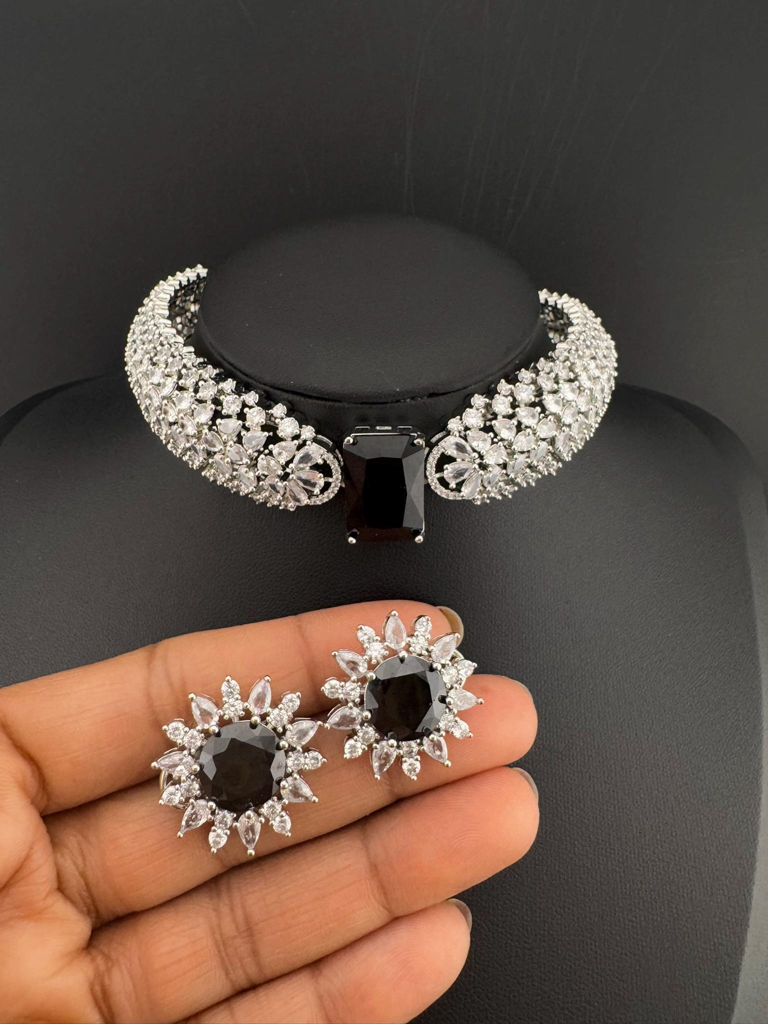 Premium American Diamond Cubic Zirconia, Crystal Stones Choker Necklace set with Studs earrings