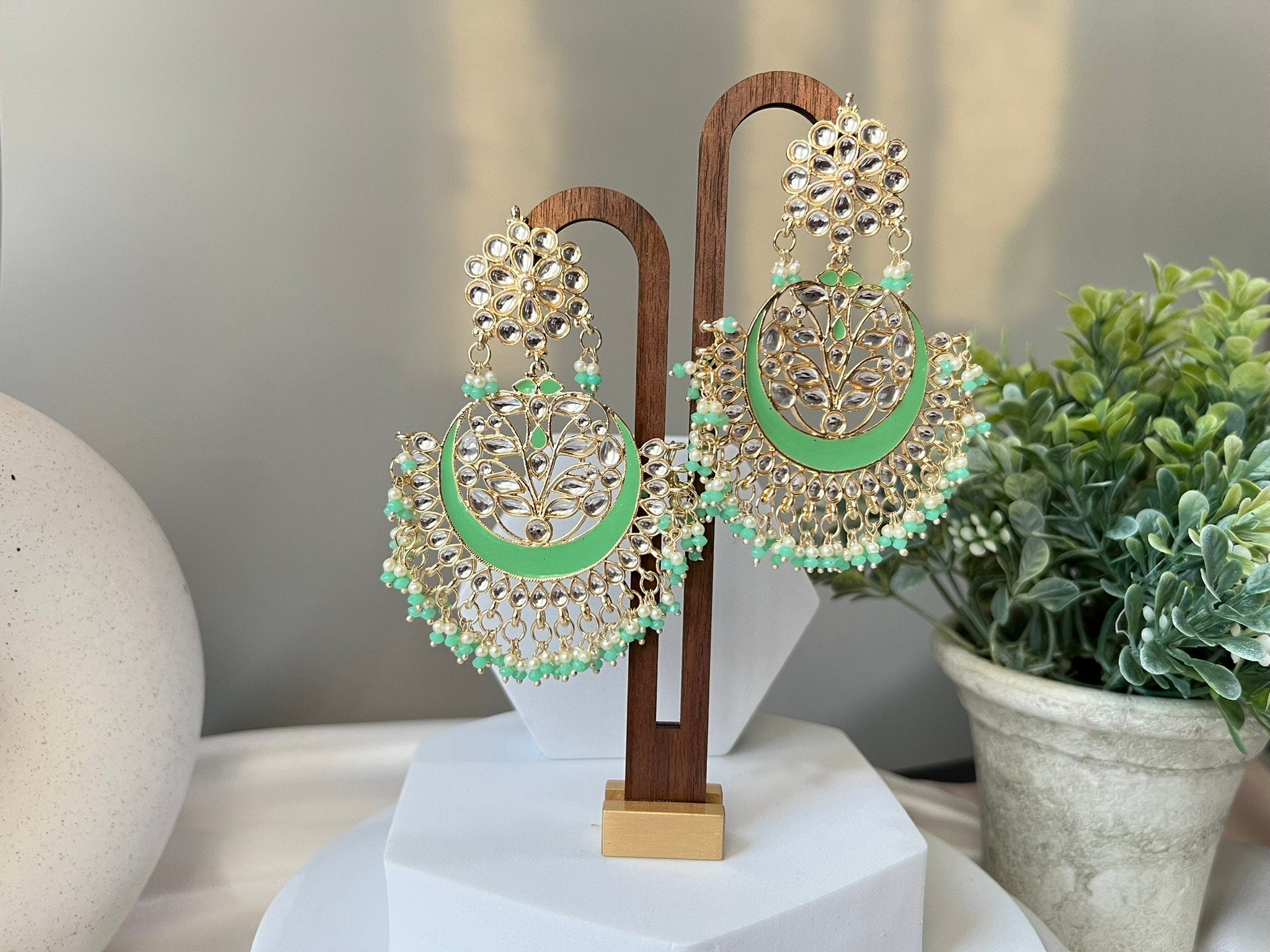 Parrot Green Punjabi Chandbali with Minakari, kundan and pearls, Minakari detailed Gold earring/statement Indian Earrings/Bridal Earring