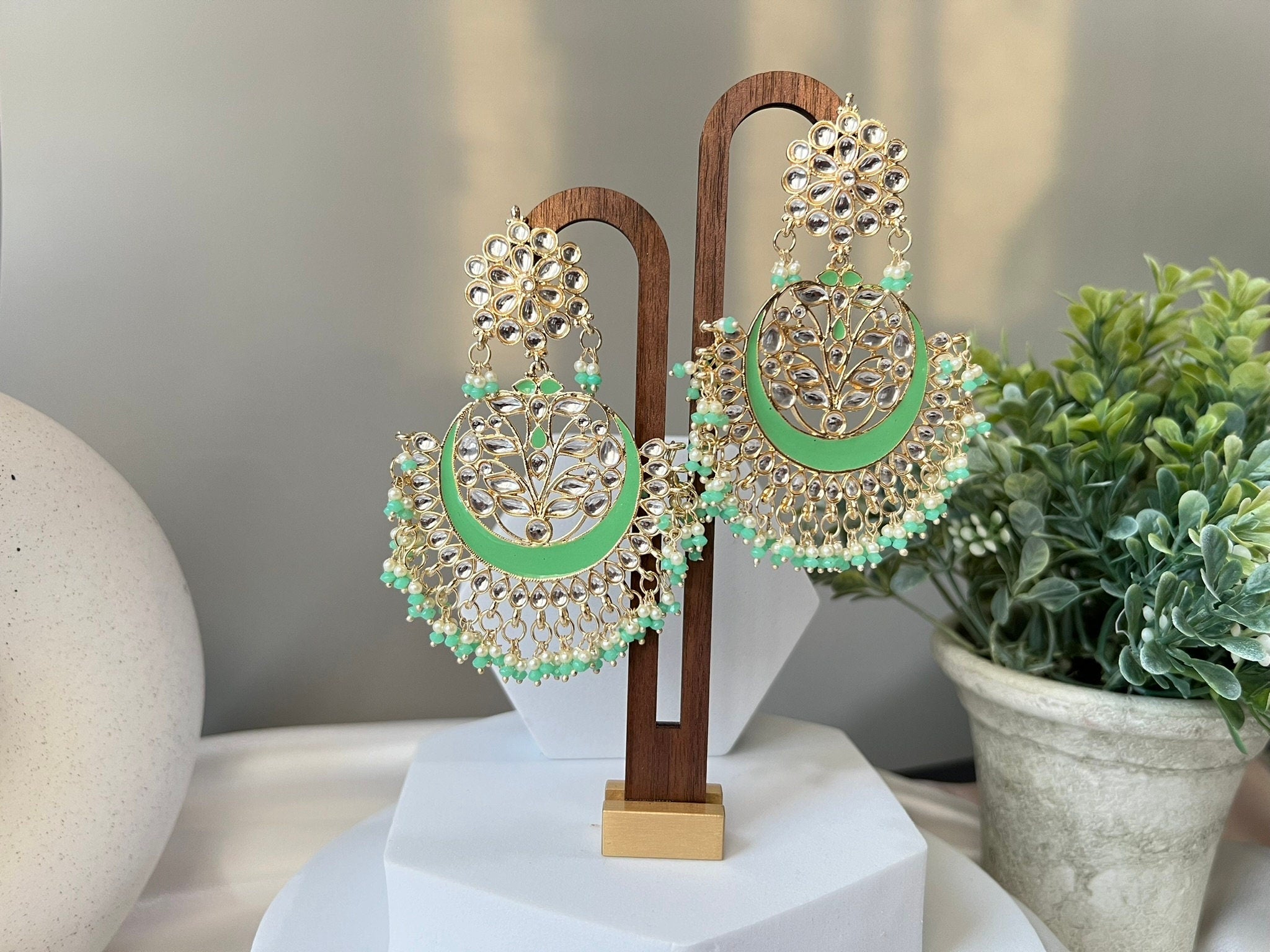 Parrot Green Punjabi Chandbali with Minakari, kundan and pearls