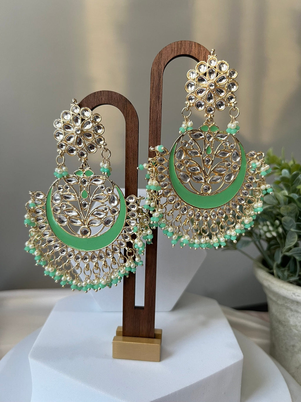 Parrot Green Punjabi Chandbali with Minakari, kundan and pearls
