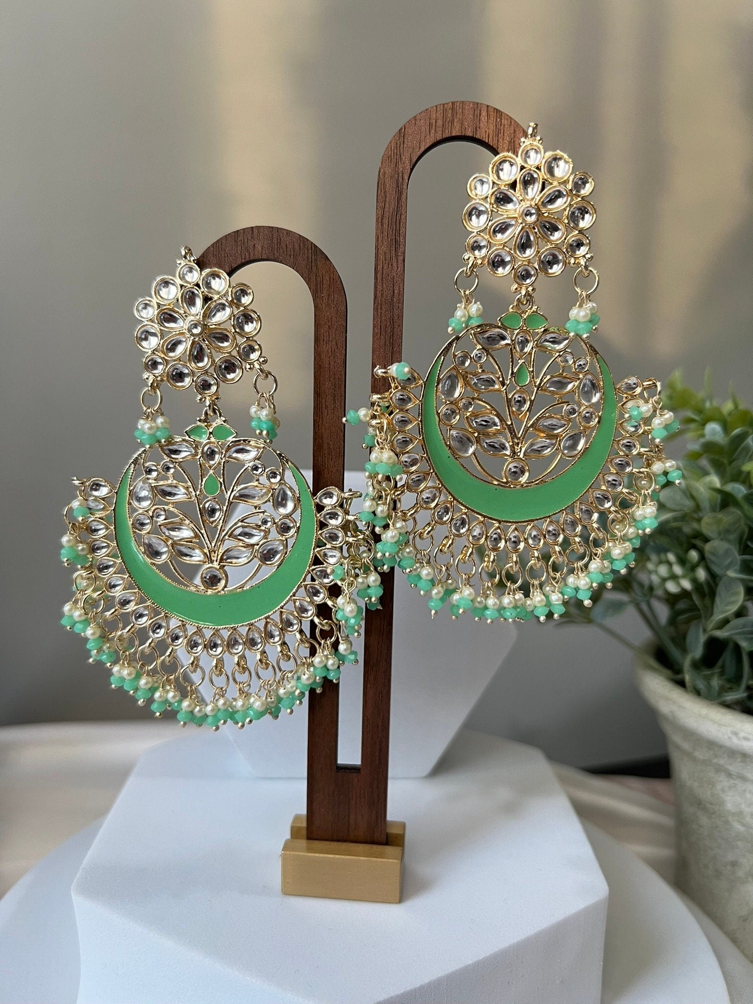 Parrot Green Punjabi Chandbali with Minakari, kundan and pearls