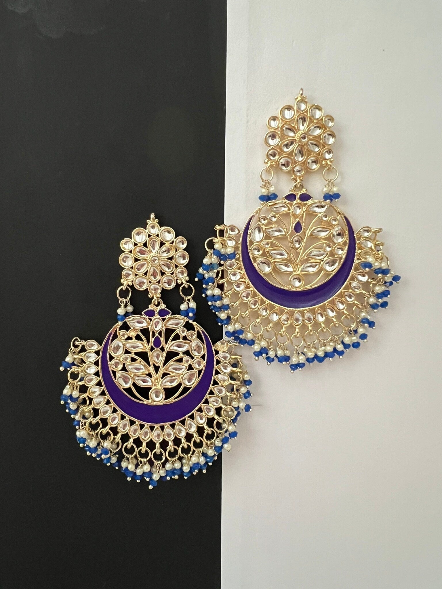 Purple and Gold Punjabi Chandbali with Minakari, kundan and pearls