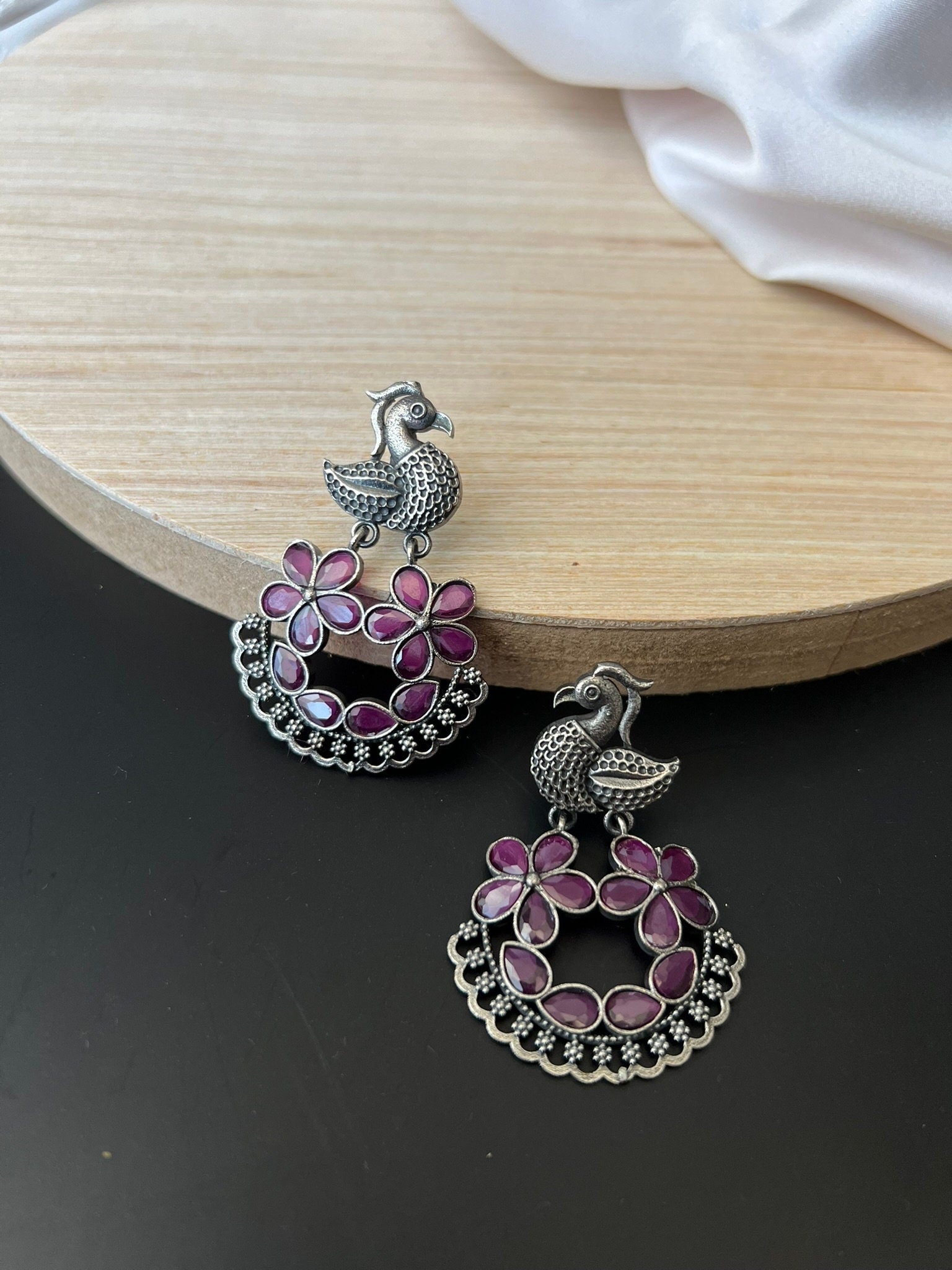 Pink Oxidized German Silver peacock Chandbali Earrings with stones