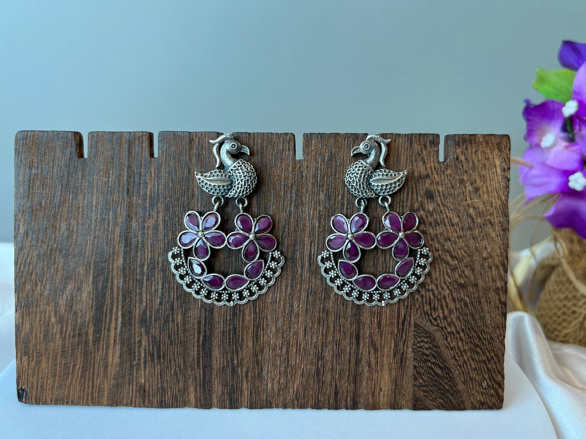 Magenta/Pink oxidized silver peacock earring with stones/Oxidized silver earring/Statement Earring/Boho Earring/bird jewelry/Ethnic Earring