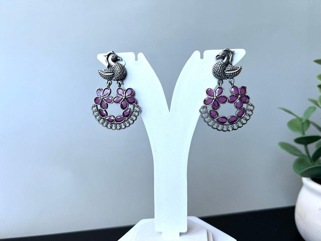 Pink Oxidized German Silver peacock Chandbali Earrings with stones