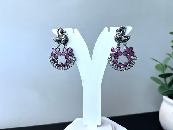 Pink Oxidized German Silver peacock Chandbali Earrings with stones