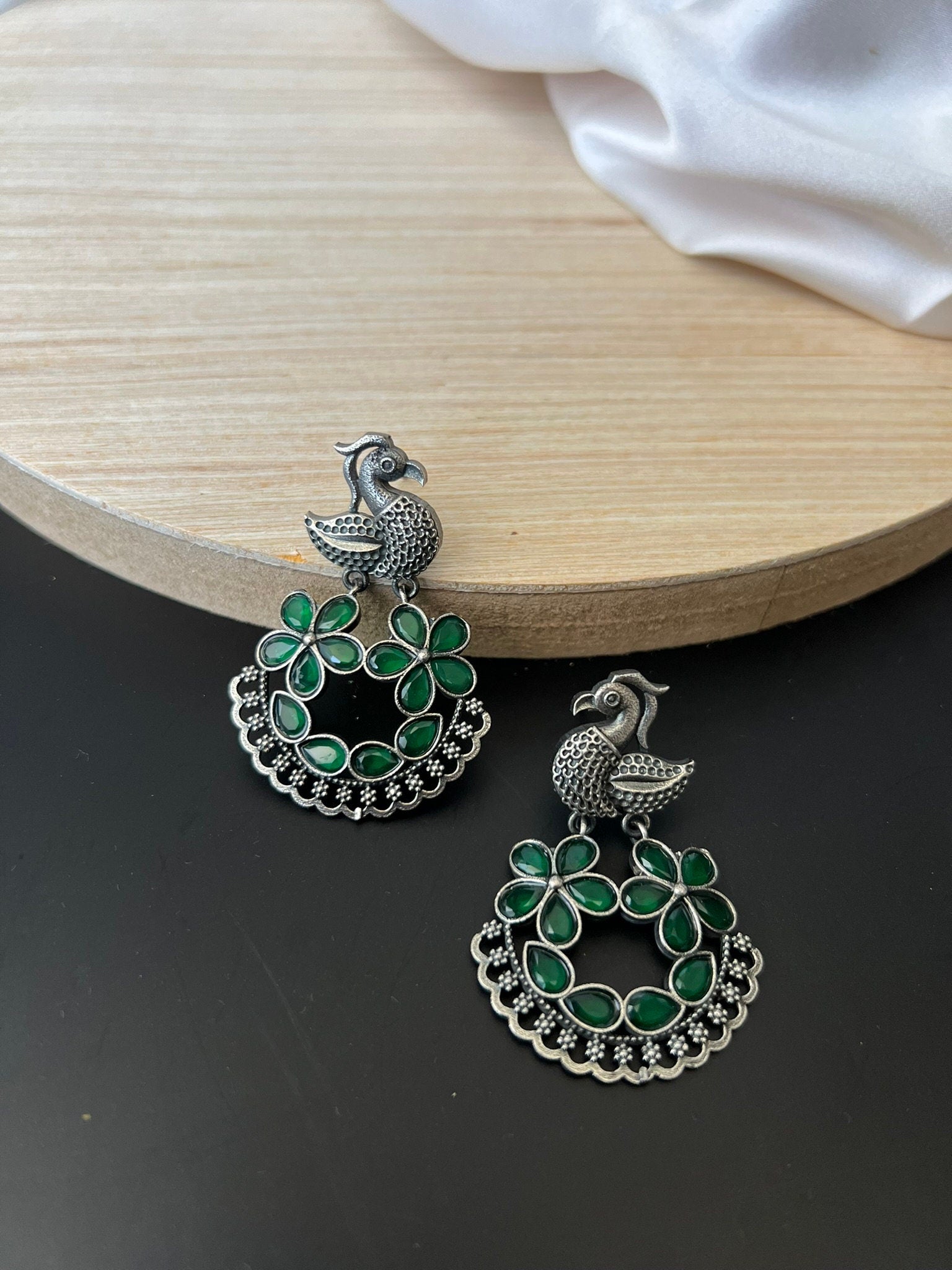 Green oxidized silver peacock earring with stones/Oxidized silver earring/Statement Earring/Boho Earring/bird jewelry/Ethnic Earring