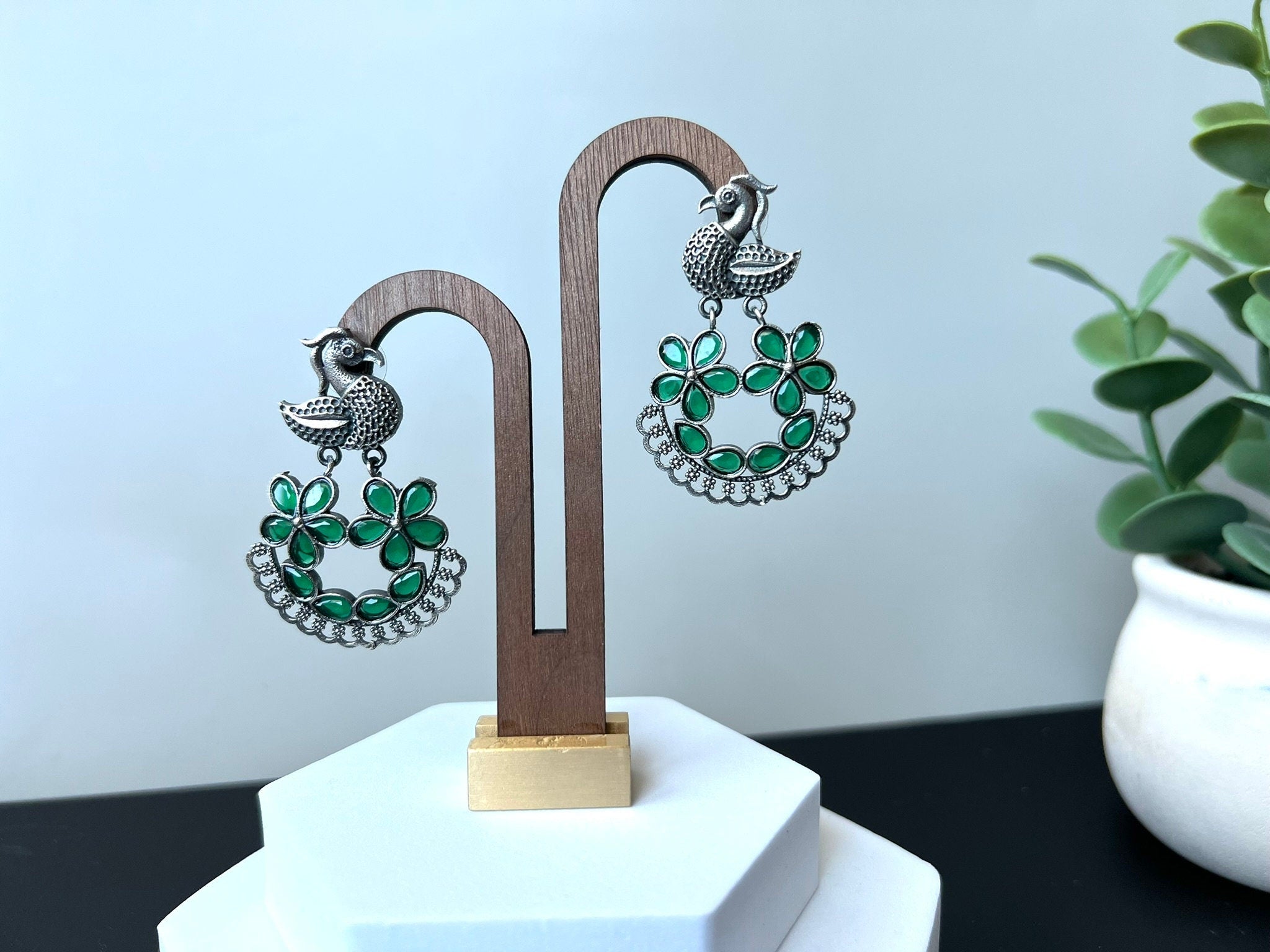 Green oxidized silver peacock earring with stones/Oxidized silver earring/Statement Earring/Boho Earring/bird jewelry/Ethnic Earring