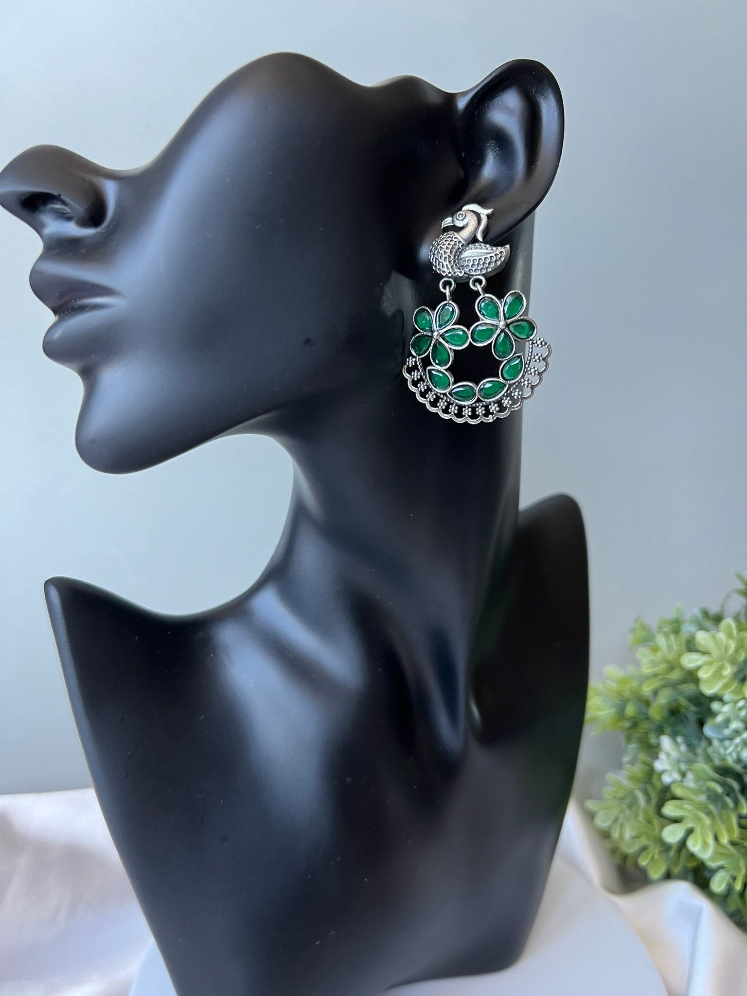 Green oxidized silver peacock earring with stones/Oxidized silver earring/Statement Earring/Boho Earring/bird jewelry/Ethnic Earring