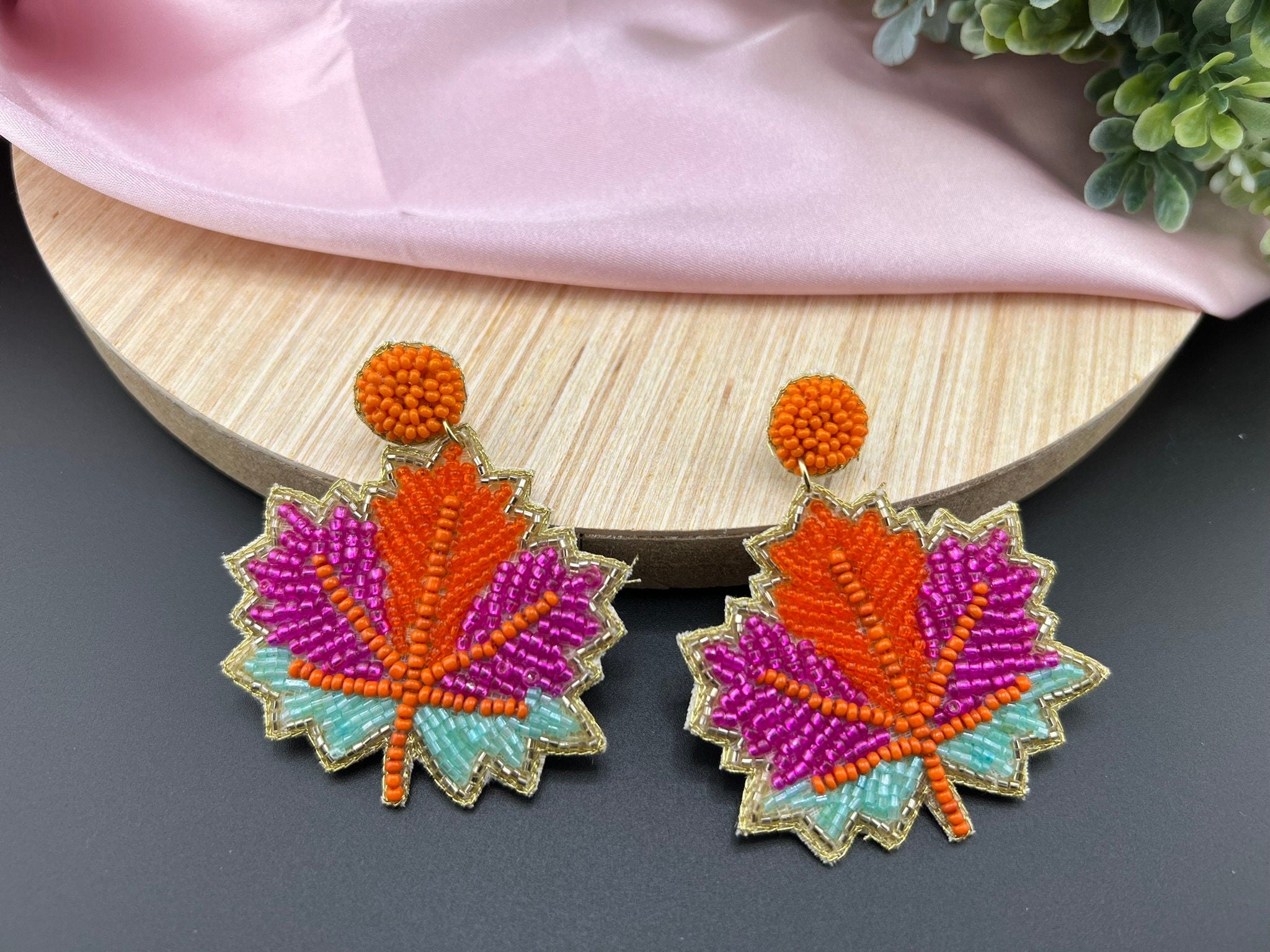 Beaded Maple leaf quirky earrings/Handmade earring/Statement Earring/Boho Earring/Beaded Oversized earring/Ethnic Earring/Orange earrings