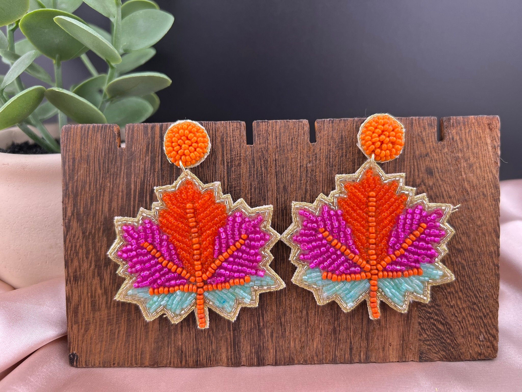 Beaded Maple leaf quirky earrings/Handmade earring/Statement Earring/Boho Earring/Beaded Oversized earring/Ethnic Earring/Orange earrings