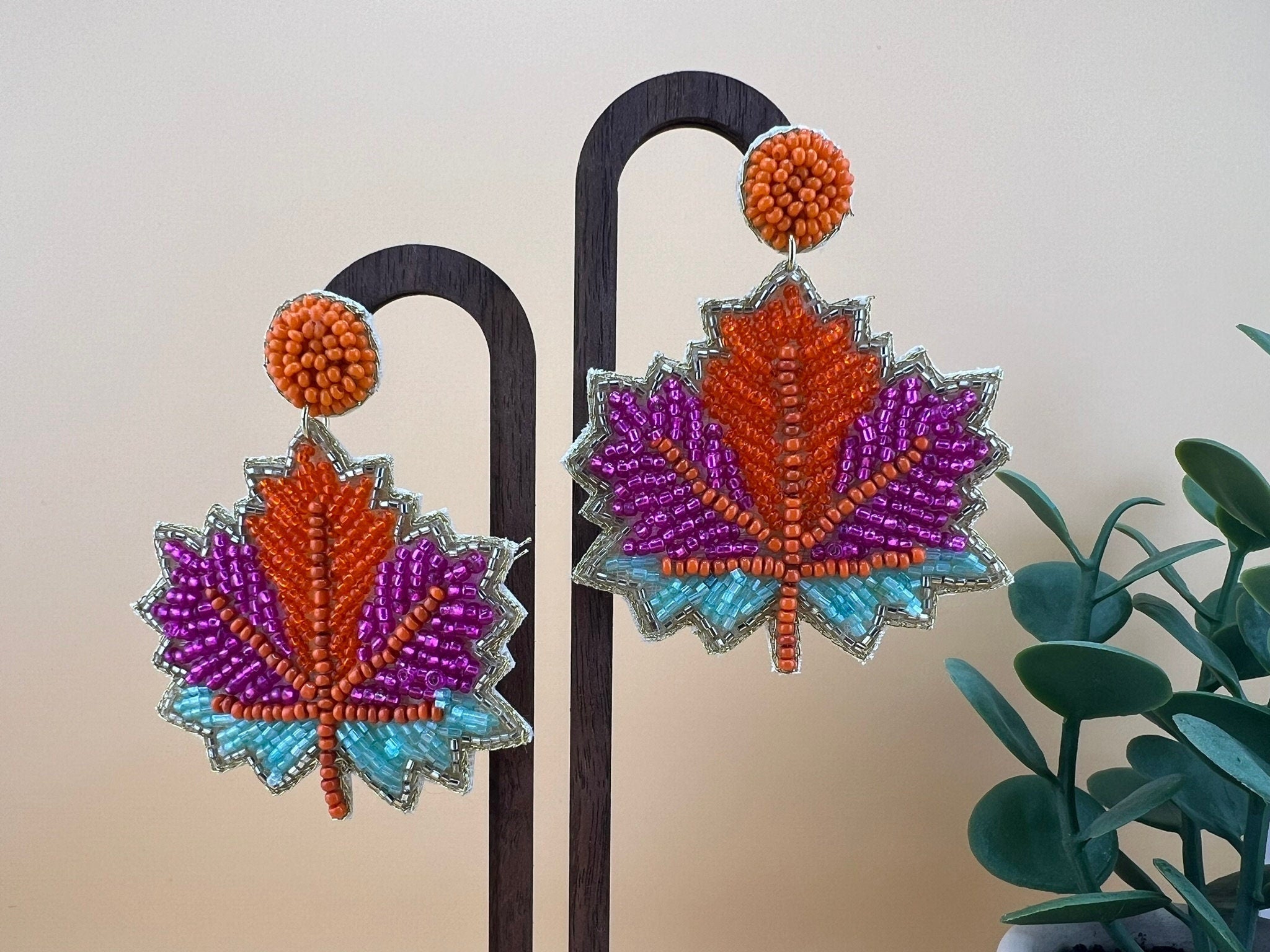 Beaded Maple leaf quirky earrings/Handmade earring/Statement Earring/Boho Earring/Beaded Oversized earring/Ethnic Earring/Orange earrings