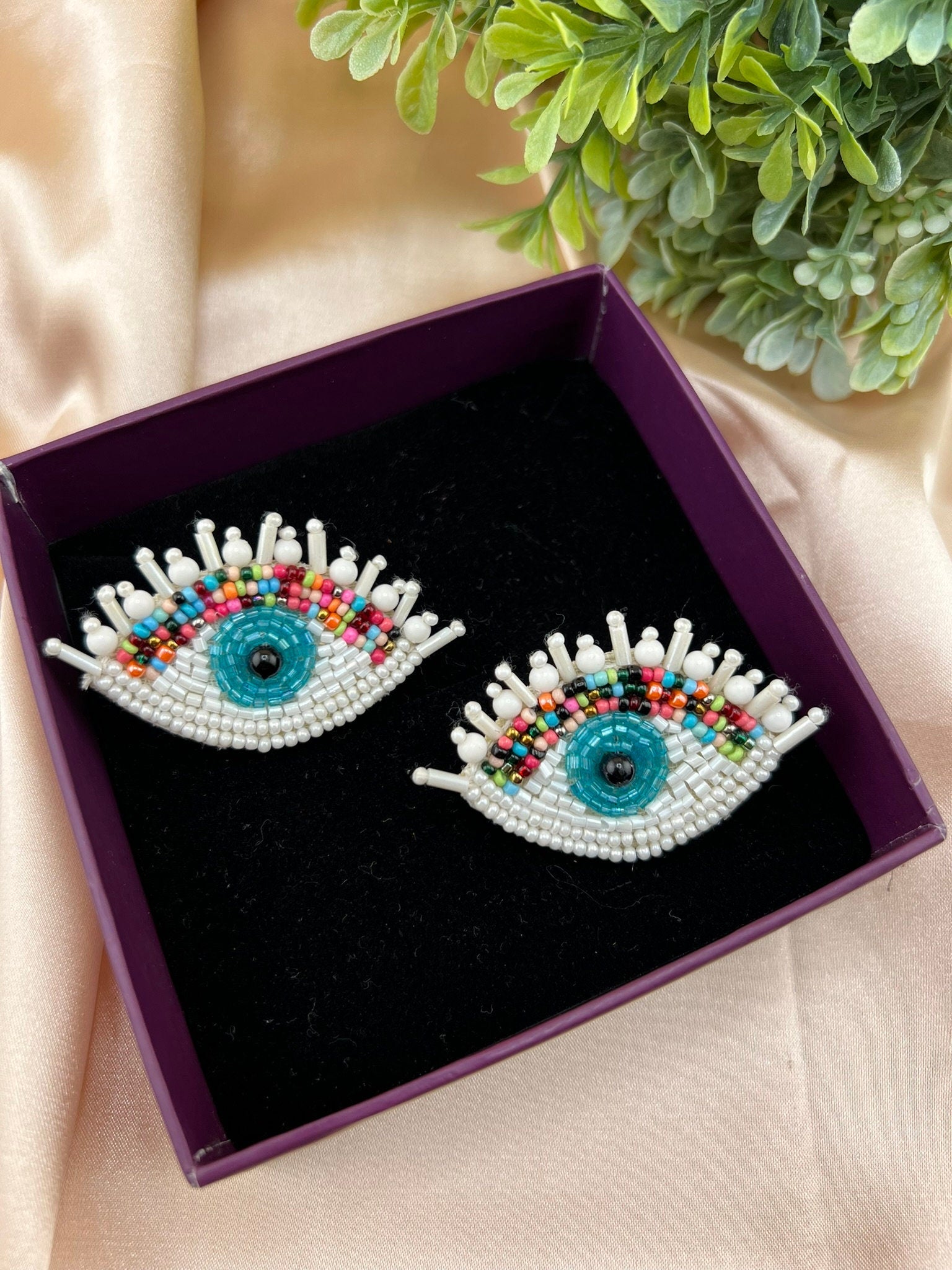 Evil eye Beaded earrings studs/Handmade earring/Statement Earring/Boho Earring/Fashion Jewelry/Ethnic Earring/Quirky earrings/white earrings