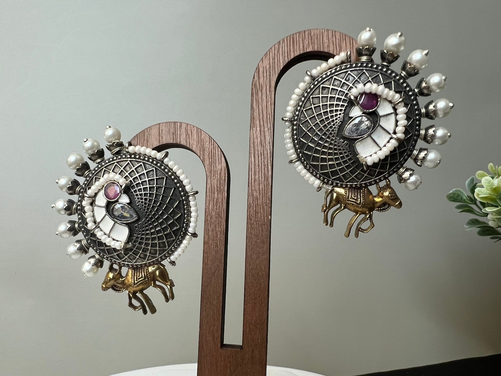 White Enamel oxidized silver earring stud with stone and pearls