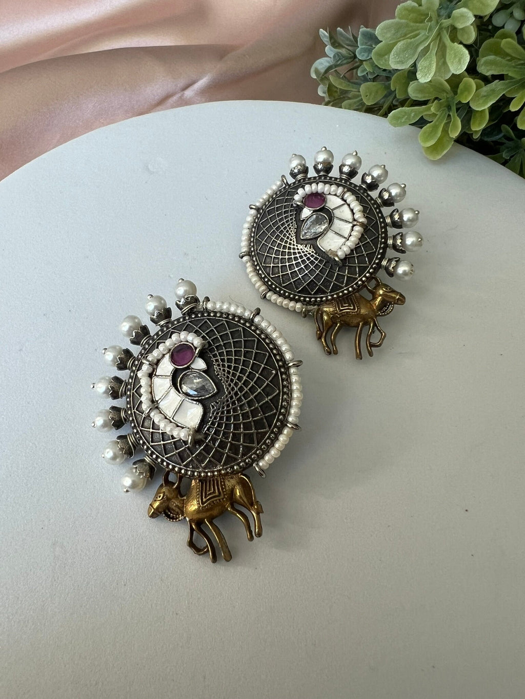 White Enamel oxidized silver earring stud with stone and pearls
