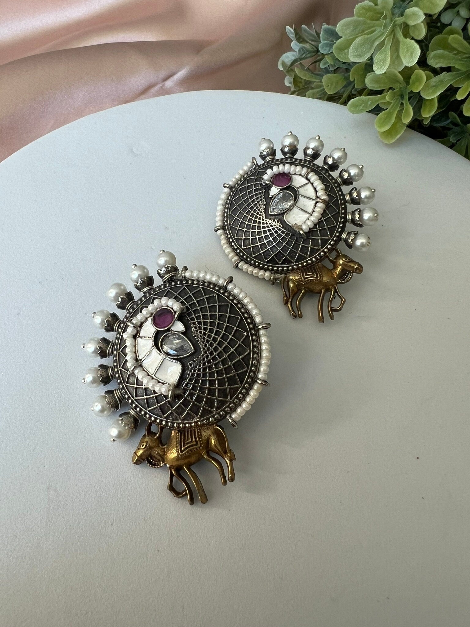 White Enamel oxidized silver earring stud with stone and pearls