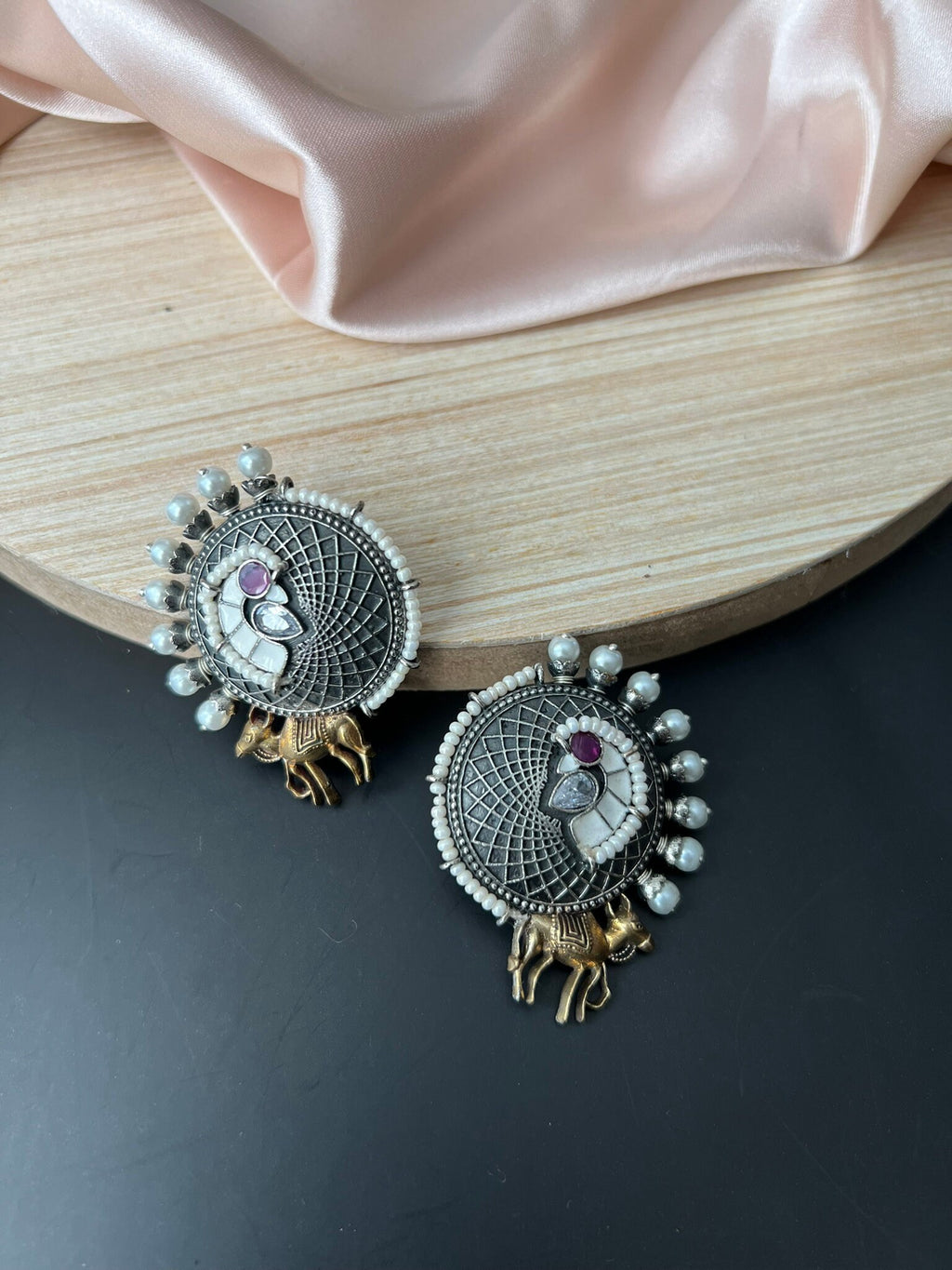 White Enamel oxidized silver earring stud with stone and pearls