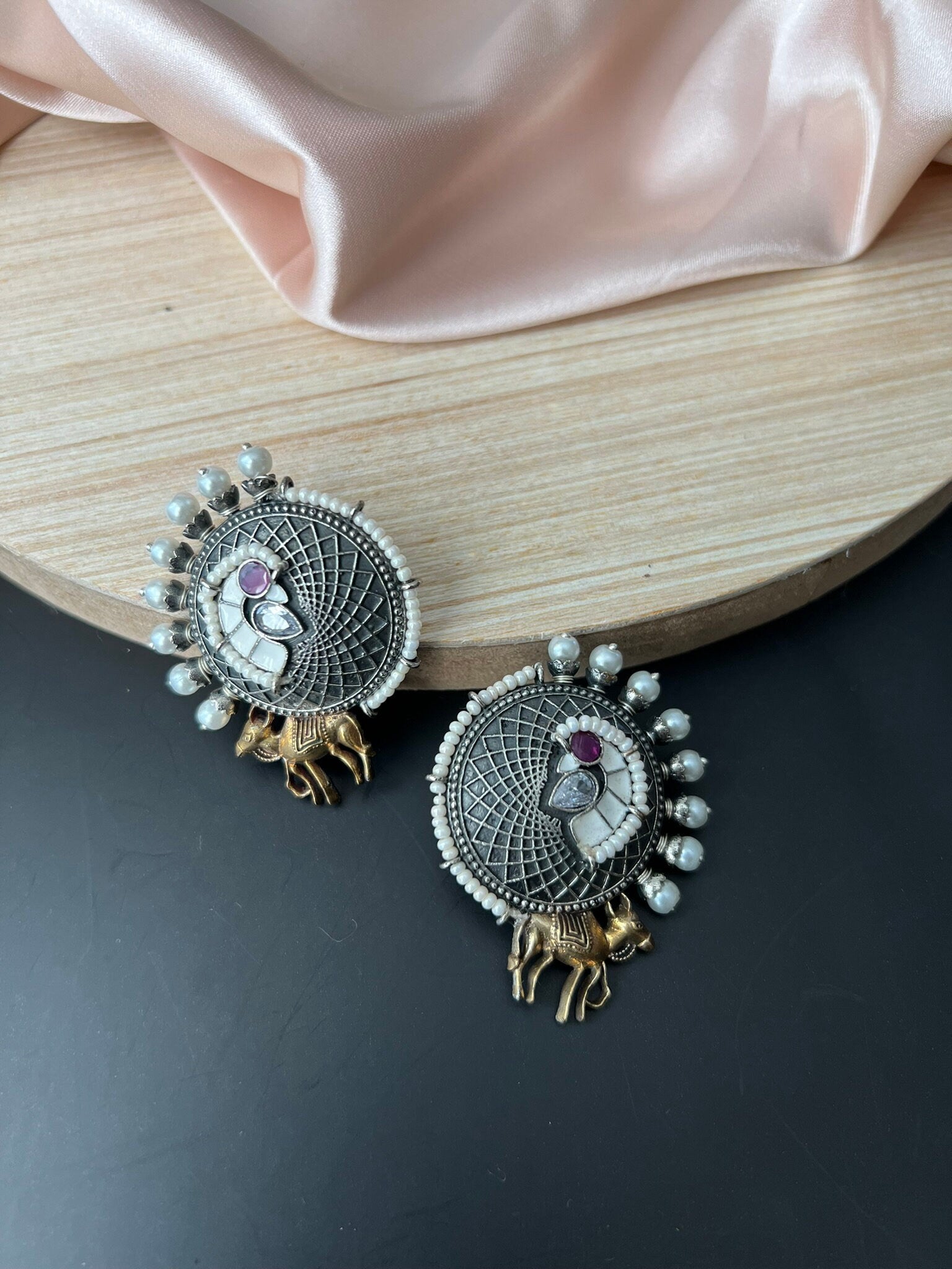 White Enamel oxidized silver earring stud with stone and pearls