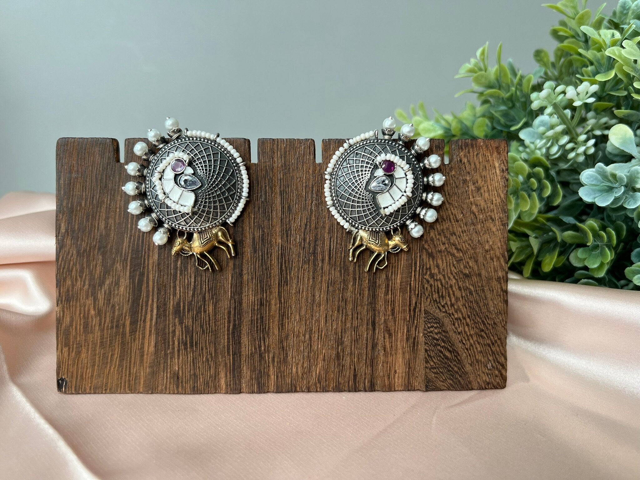 White Enamel oxidized silver earring stud with stone and pearls