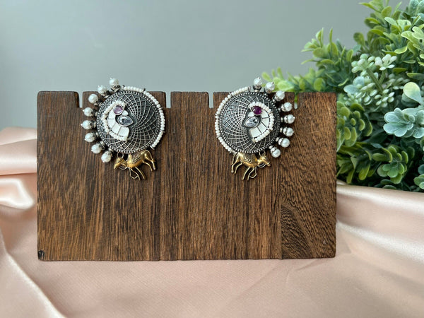 White Enamel oxidized silver earring stud with stone and pearls